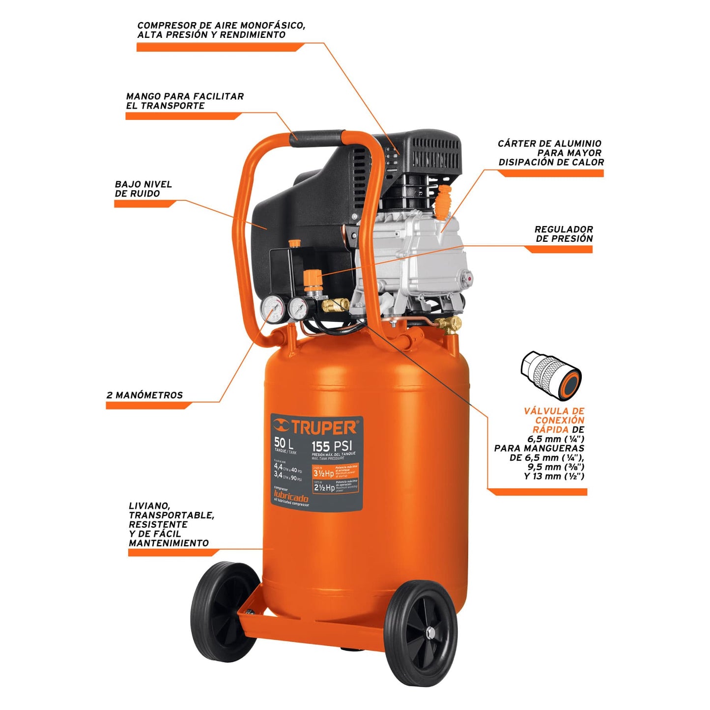 Compresor vertical, 50 L, 3-1/2 Hp (potencia máxima ), 120V