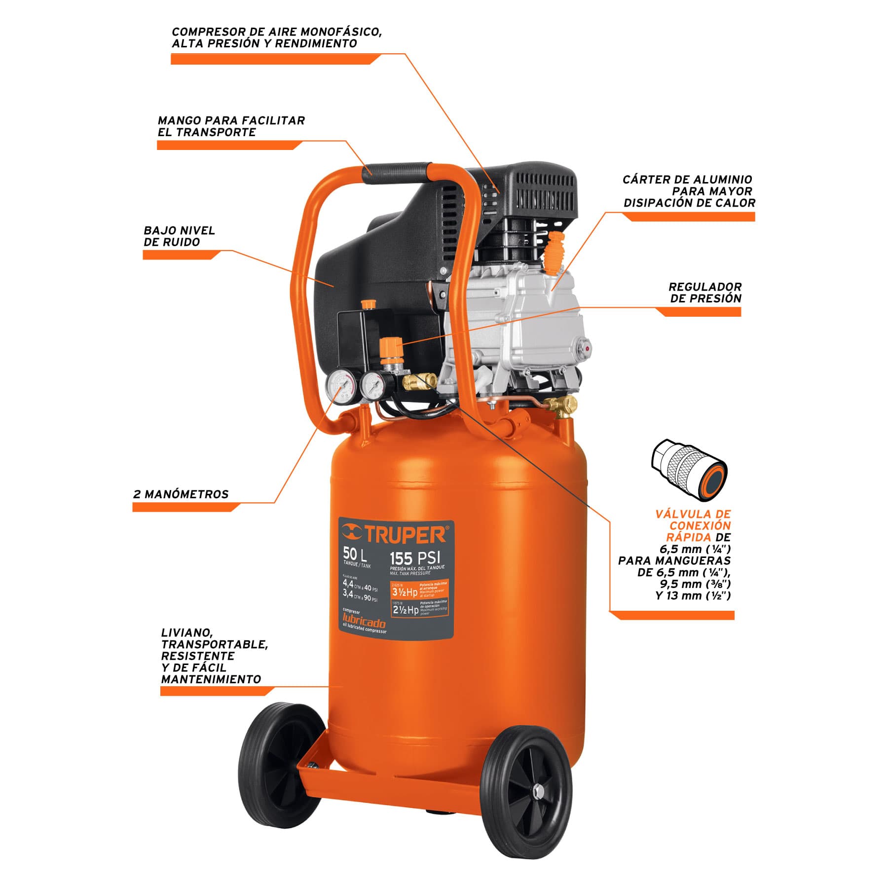 Compresor vertical, 50 L, 3-1/2 Hp (potencia máxima ), 120V