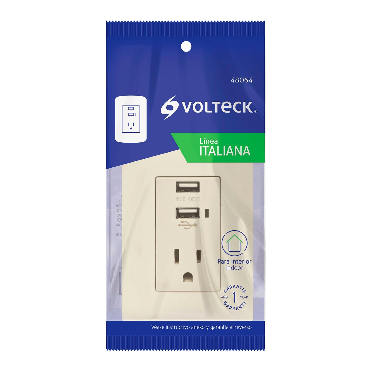 Contacto aterrizado + 2 puertos USB, marfil, línea Italiana