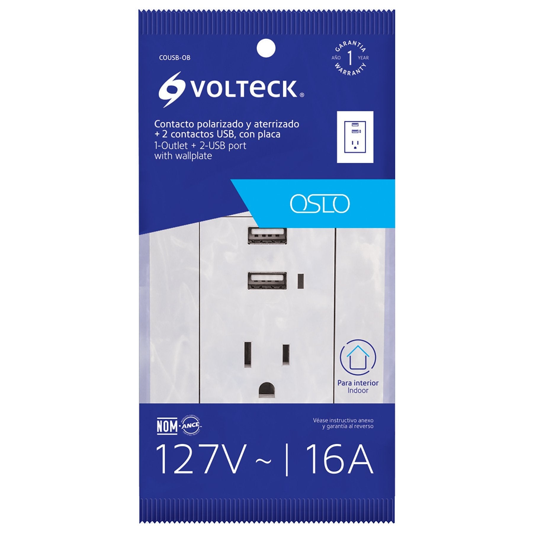 Contacto 2polos + tierra con 2 puertos USB, Oslo, blanco