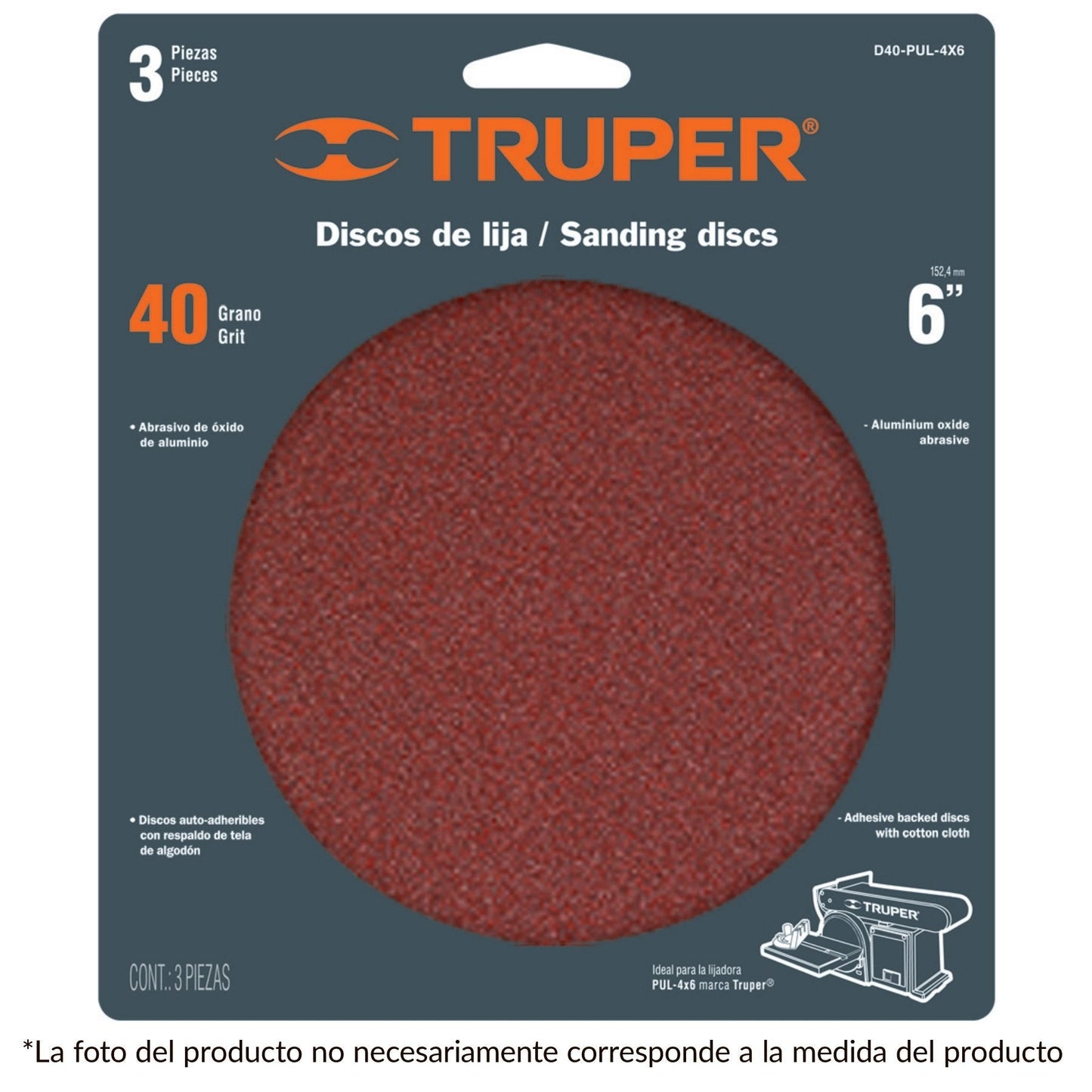 Disco grano 120 para lijadora PUL 4x6, funda con 3 pzas