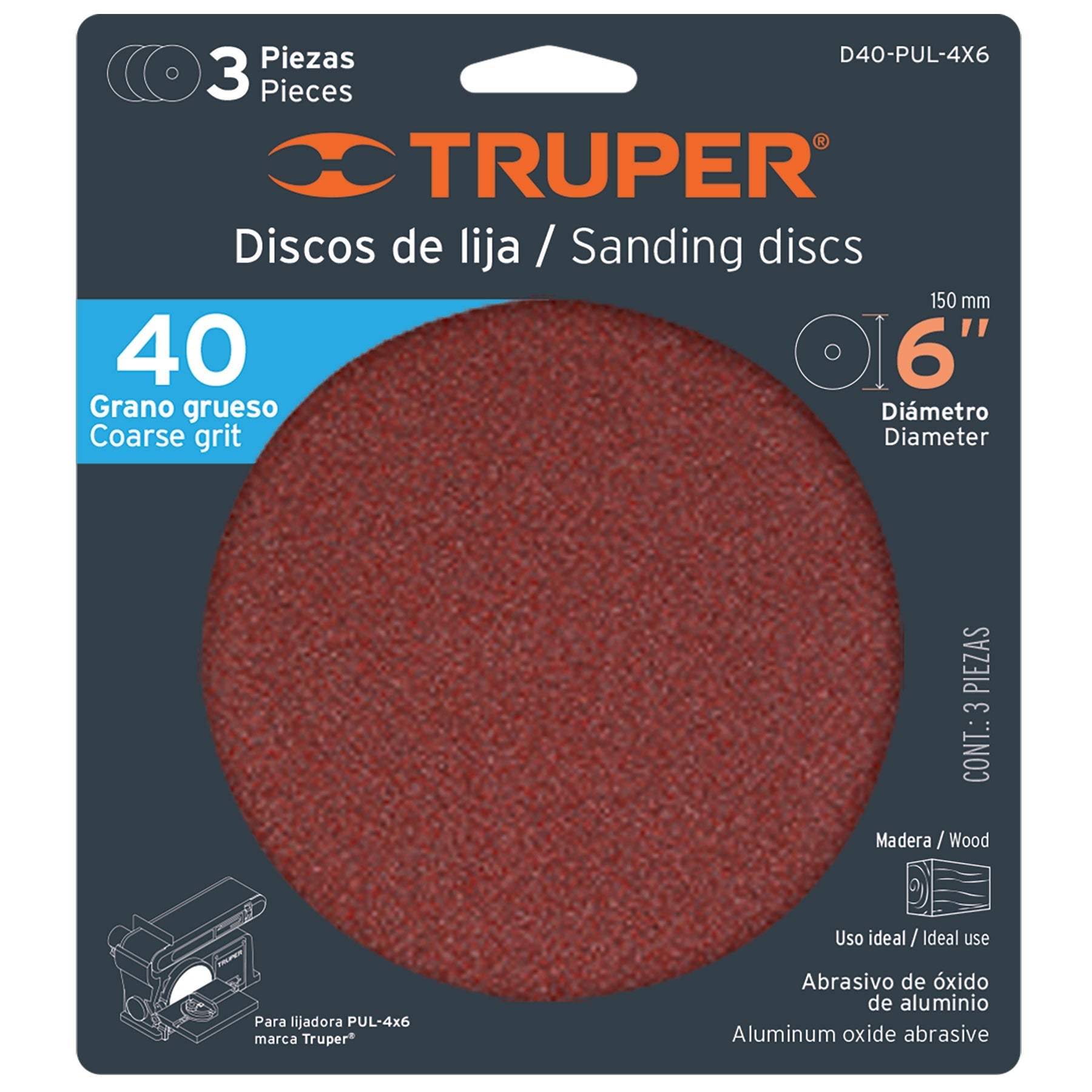 Disco grano 40 para lijadora PUL 4x6, funda con 3 pzas
