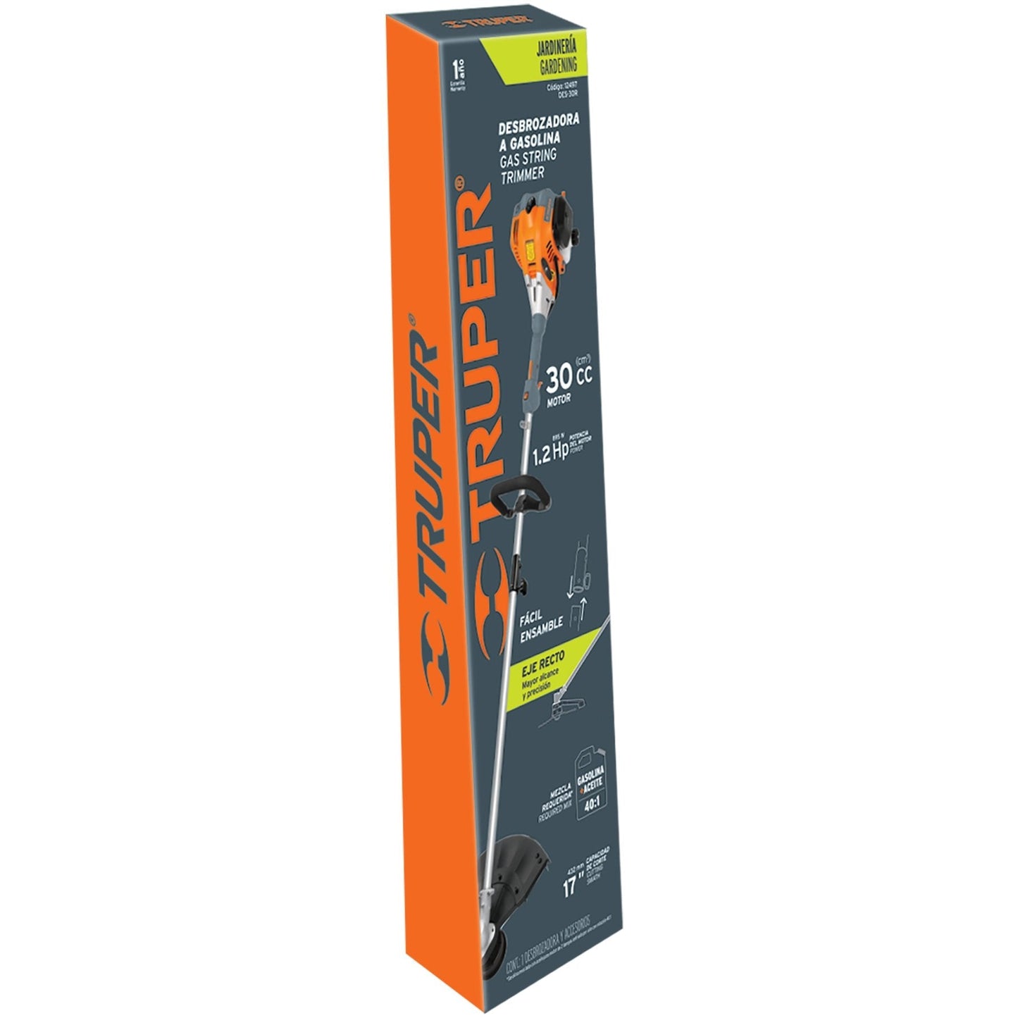 Desbrozadora a gasolina, 30cc, 17" de corte, recta