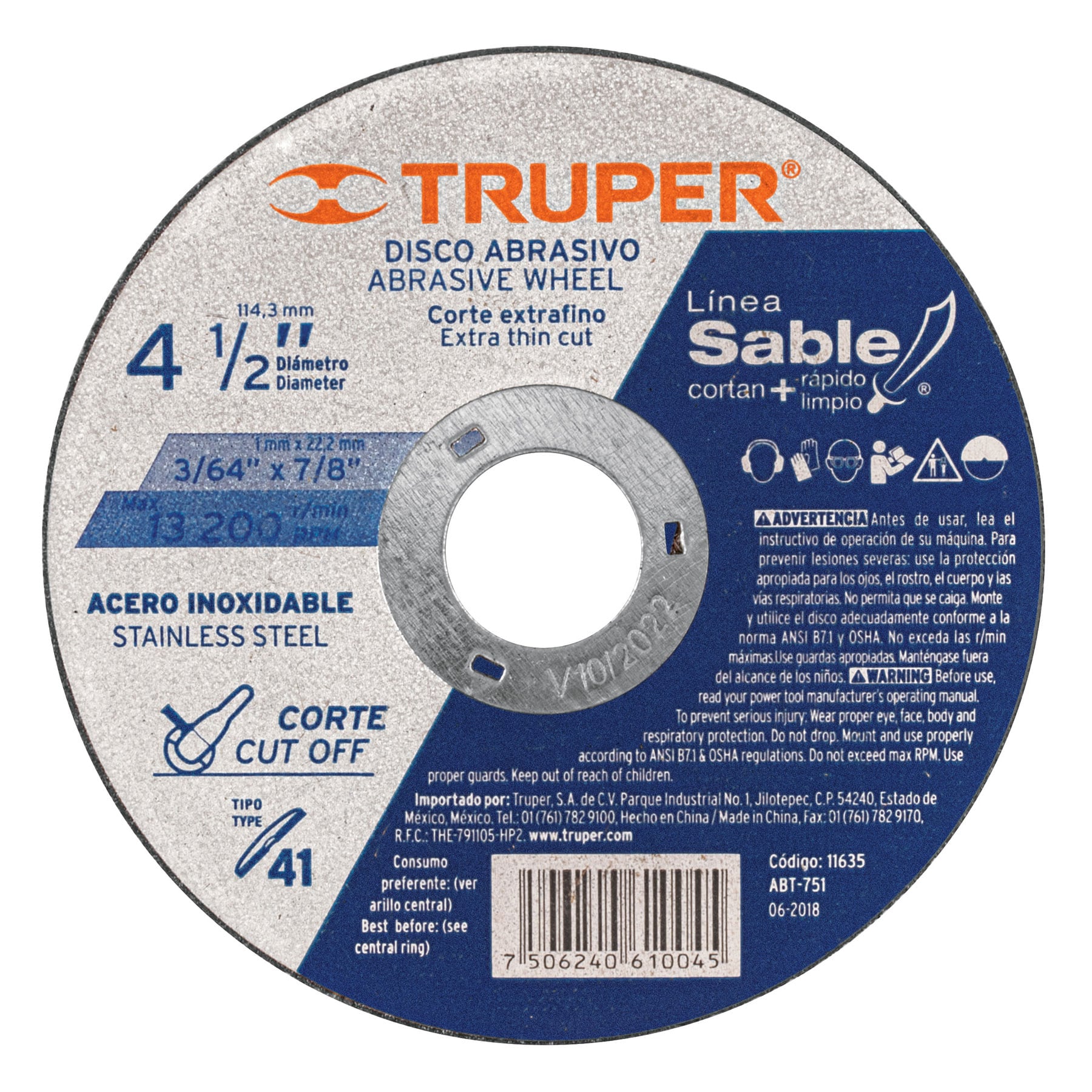 Disco para corte acero inoxidable, tipo 41, diámetro 4-1/2"