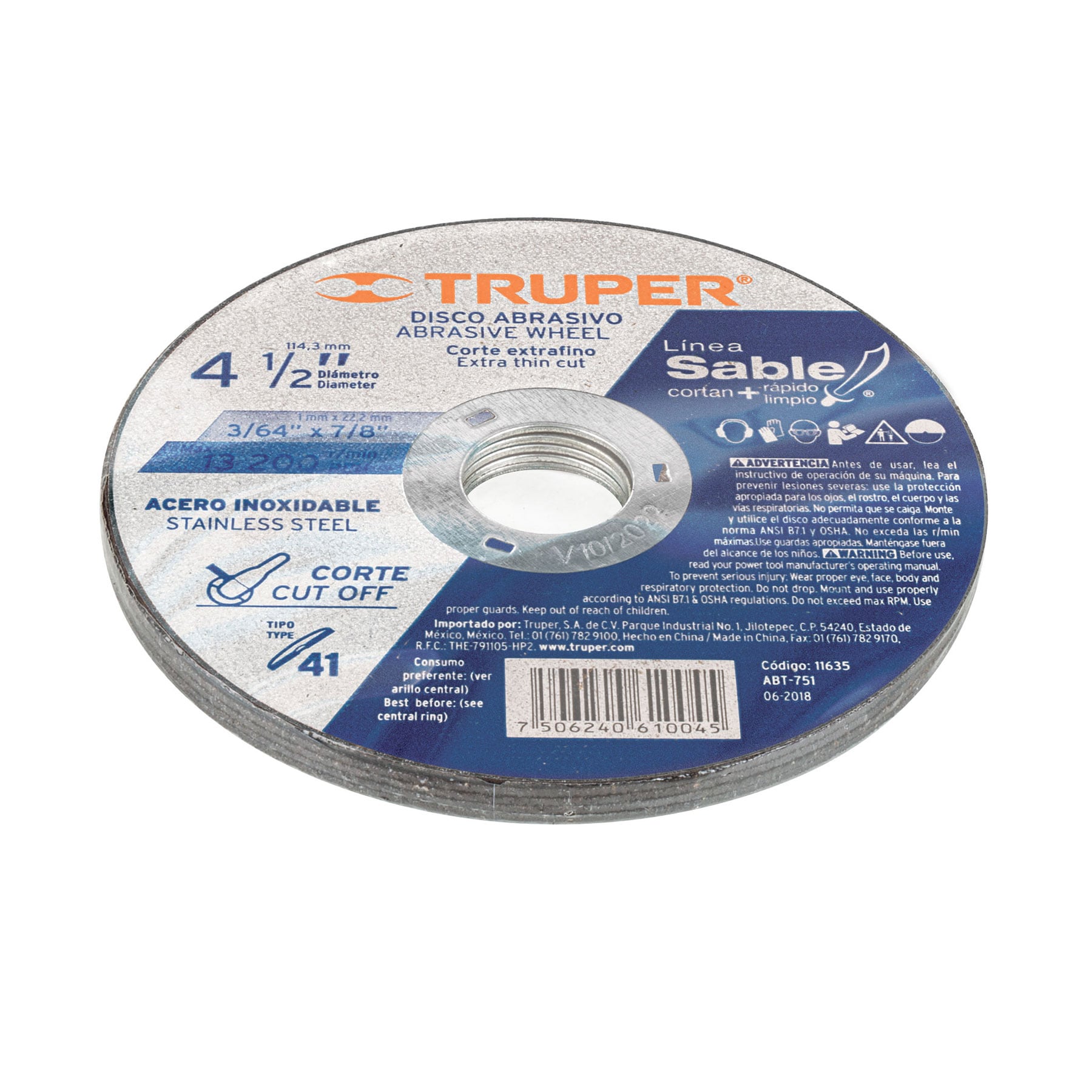 Disco para corte acero inoxidable, tipo 41, diámetro 4-1/2"