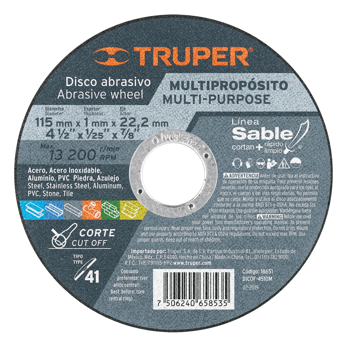 Disco Tipo 41 para corte multipropósito Línea Sable 4-1/2"