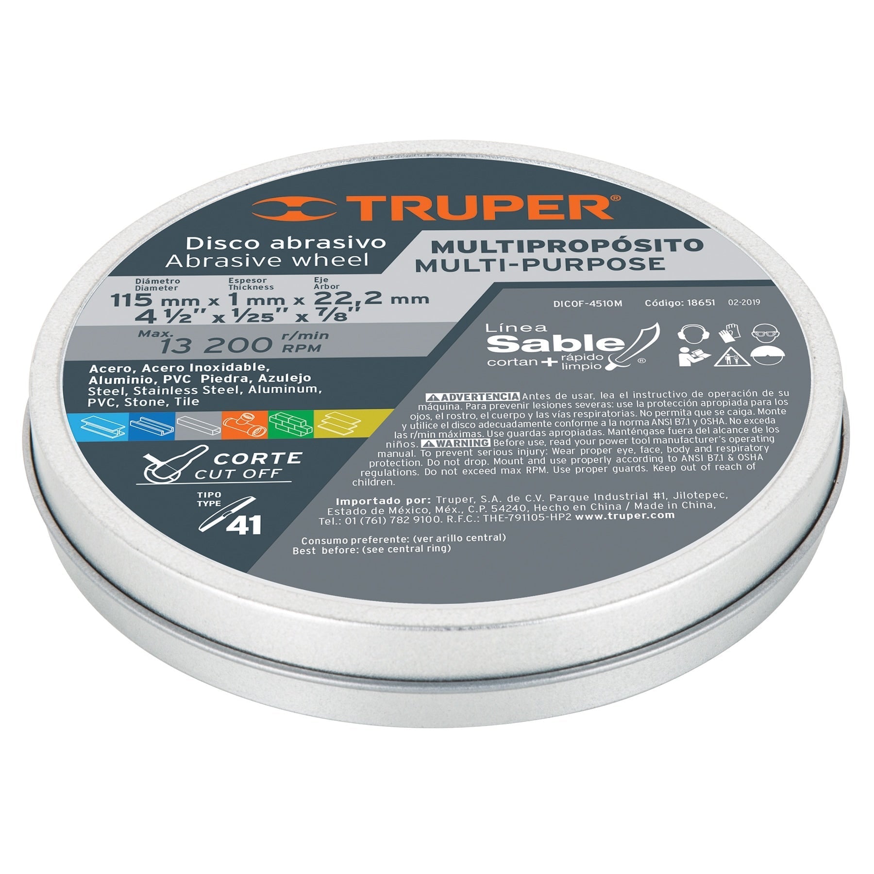 Disco Tipo 41 para corte multipropósito Línea Sable 4-1/2"