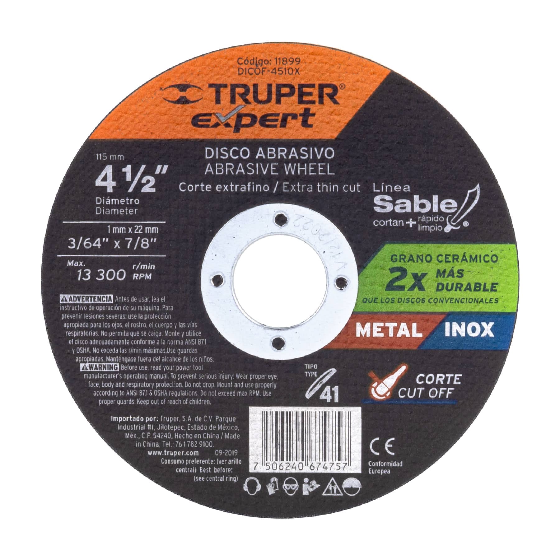 Disco tipo 41, corte metal, Línea Sable 4-1/2",1mm, Expert