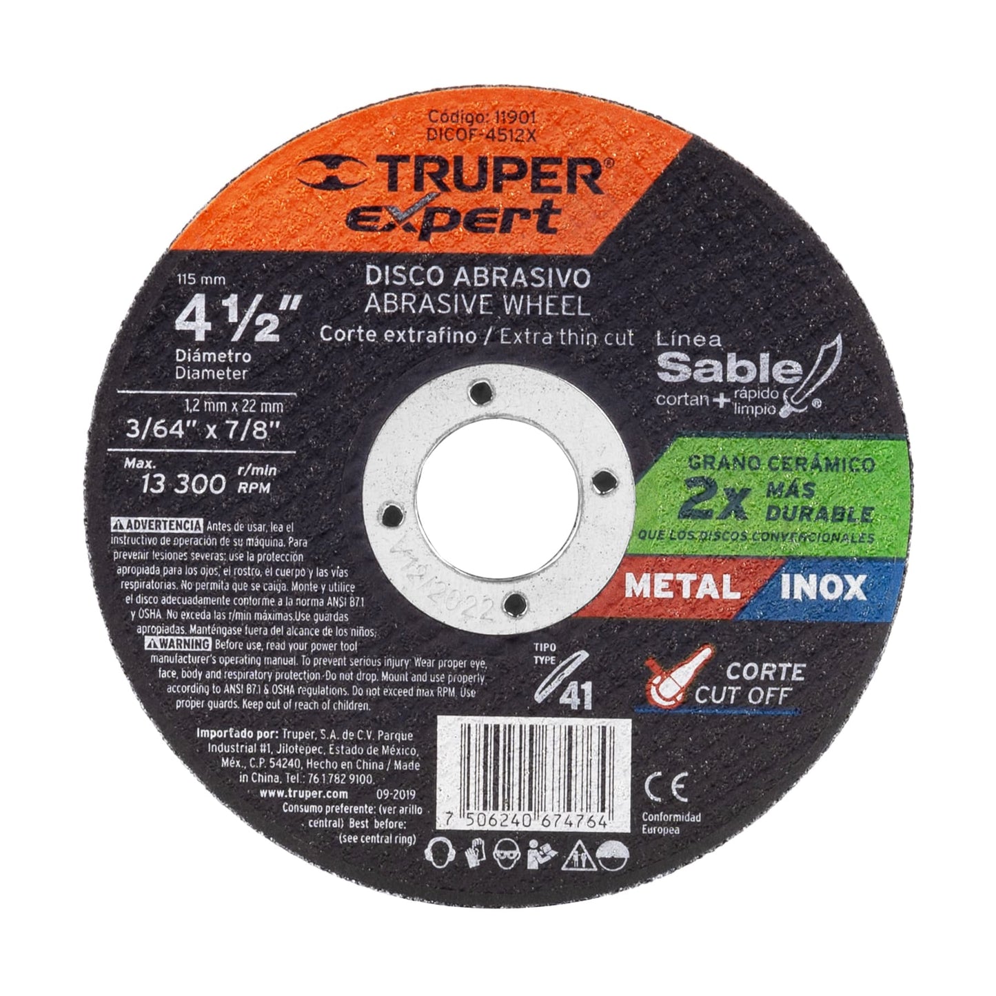 Disco tipo 41, corte metal, Línea Sable 4-1/2",1.2mm, Expert