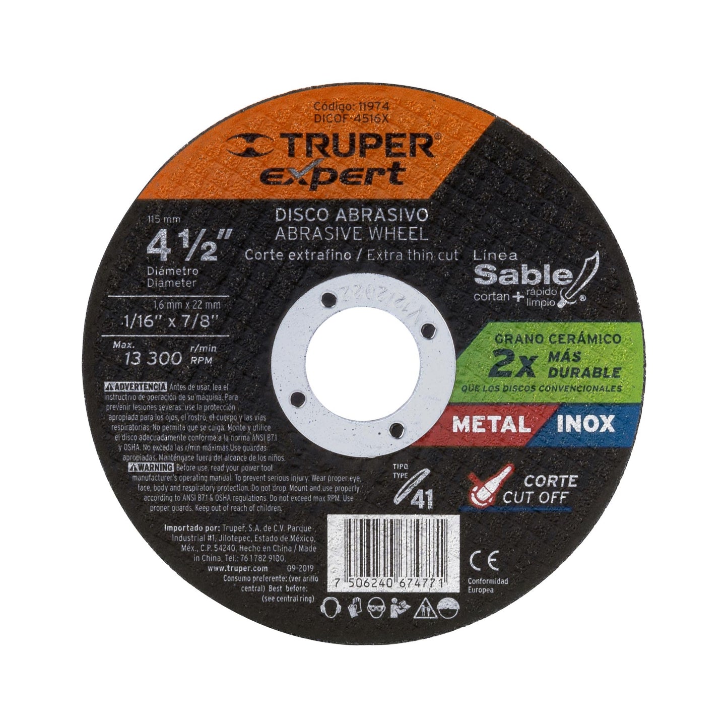Disco tipo 41, corte metal, Línea Sable 4-1/2",1.6mm, Expert