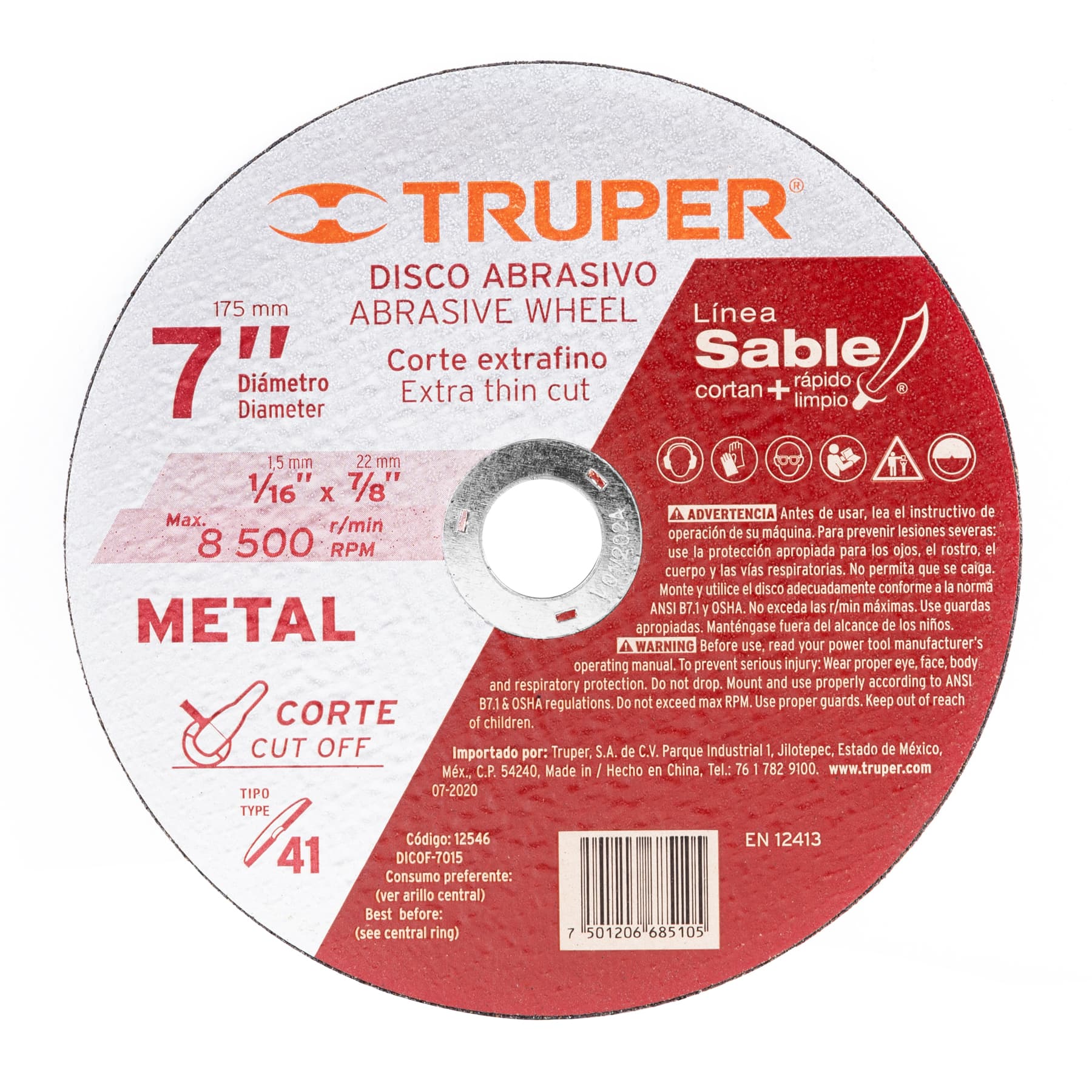 Disco Tipo 41 para corte fino de metal Línea Sable 7", 1.5mm