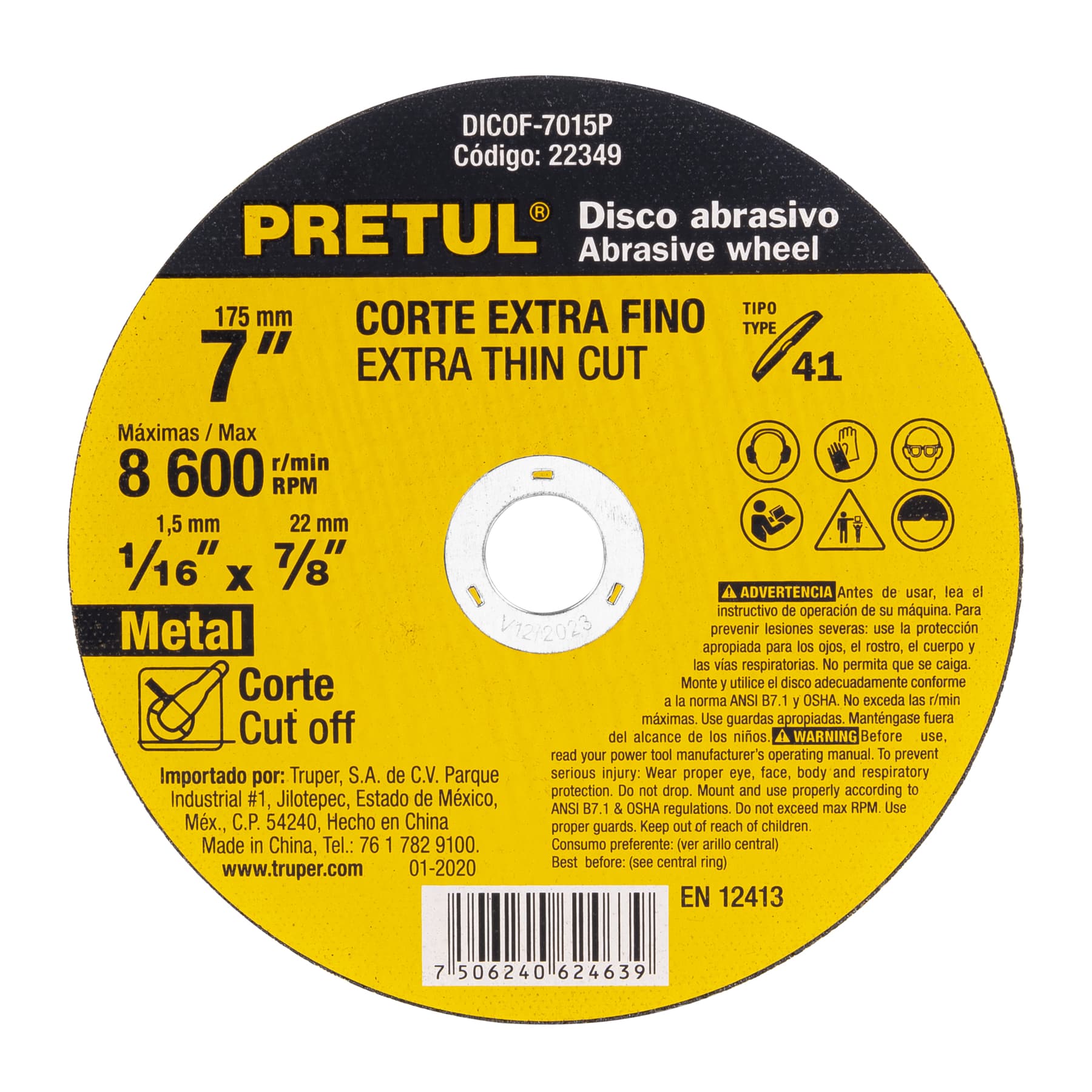 Disco Tipo 41 para corte fino de metal 7", 1.5 mm Pretul
