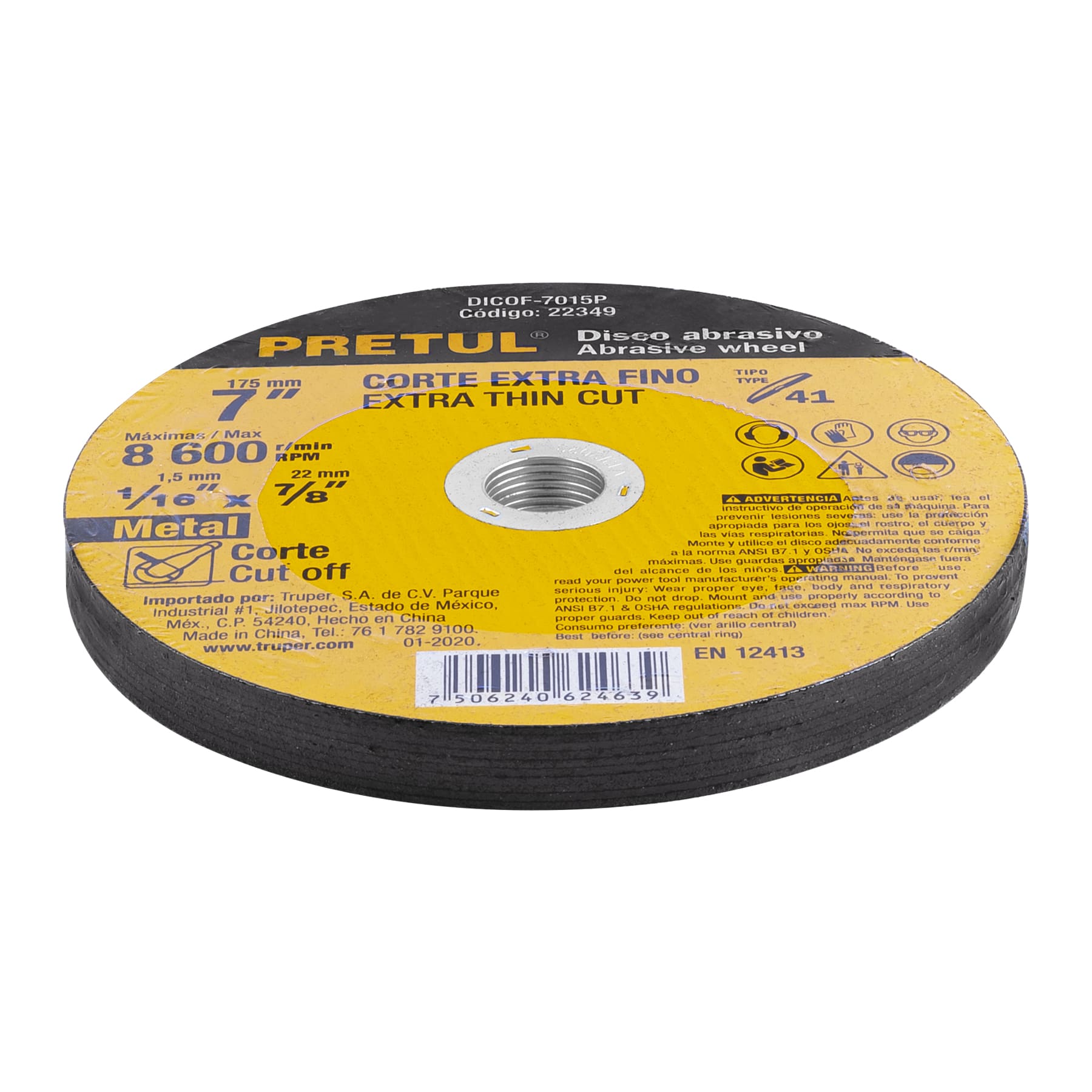 Disco Tipo 41 para corte fino de metal 7", 1.5 mm Pretul