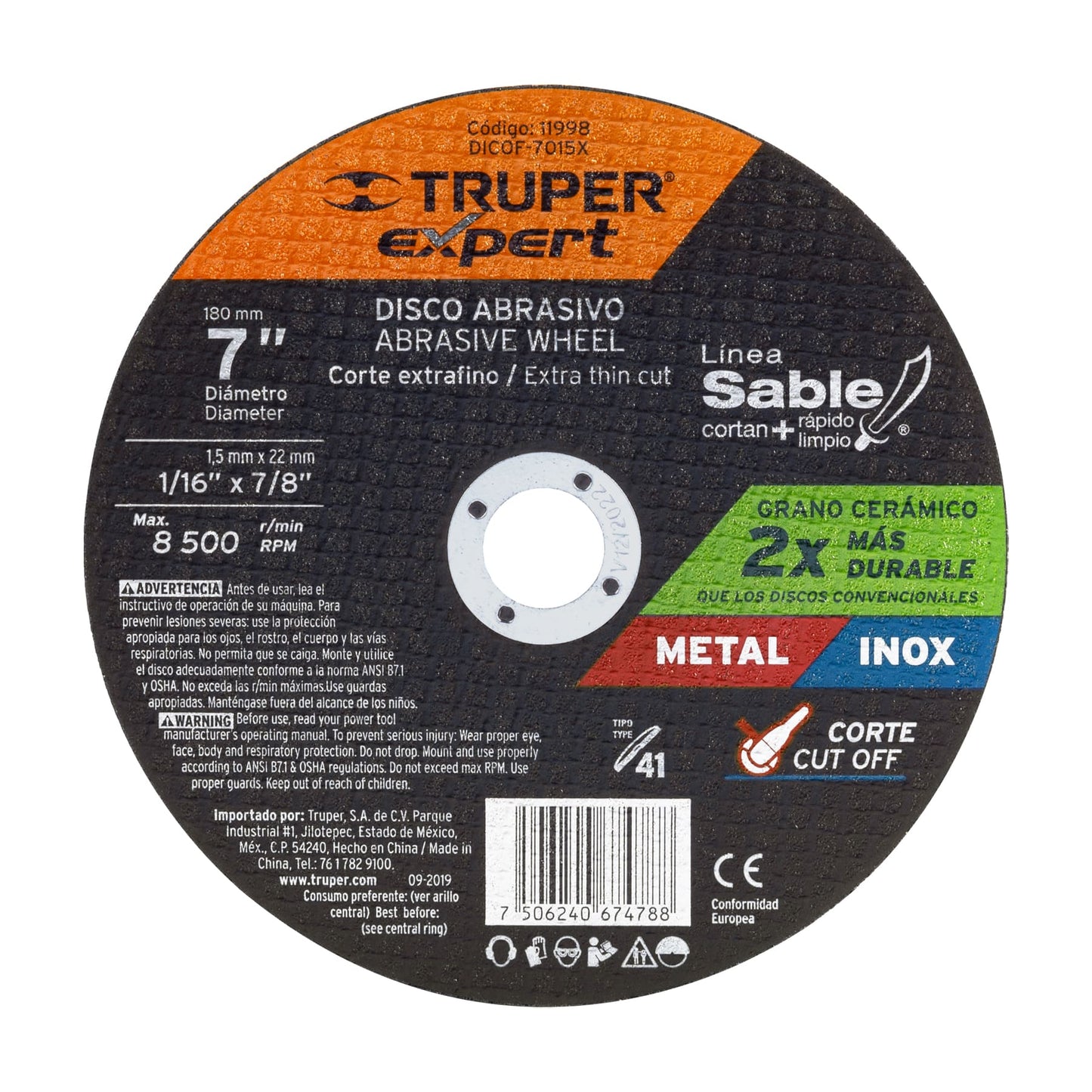 Disco tipo 41, corte fino metal, Línea Sable 7", Expert