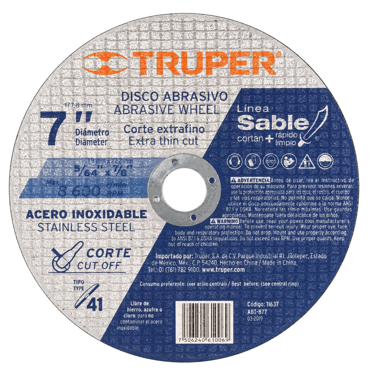 Disco para corte de acero inoxidable, tipo 41, diámetro 7"