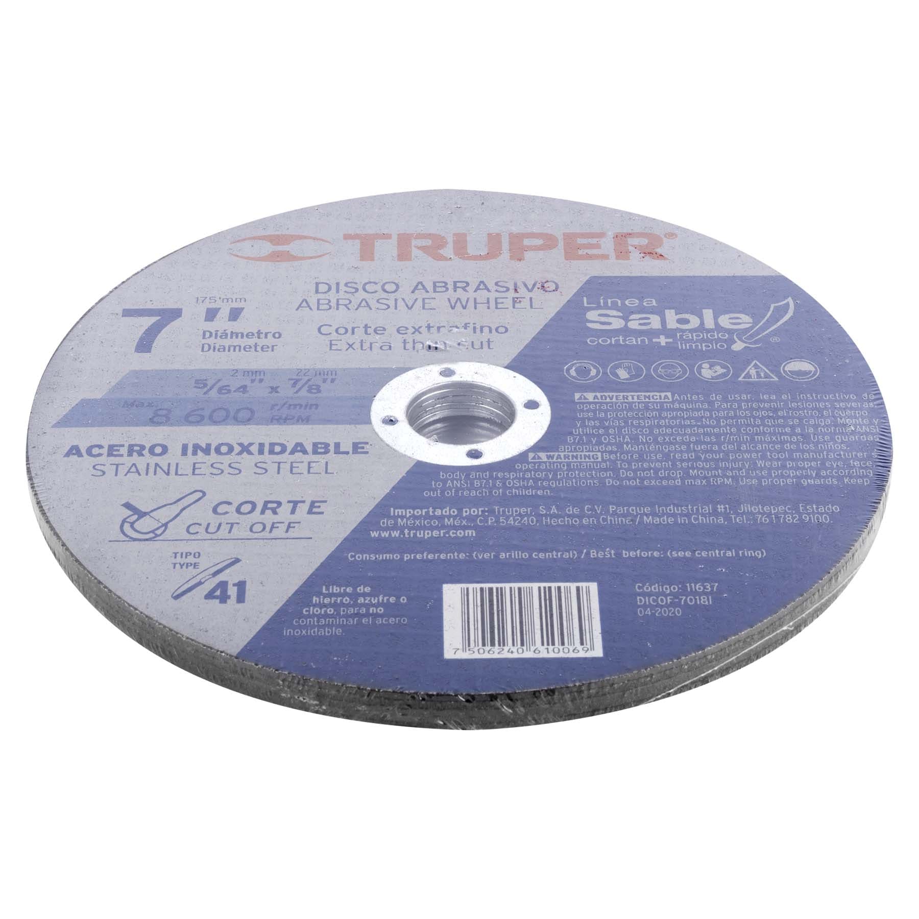 Disco para corte de acero inoxidable, tipo 41, diámetro 7"