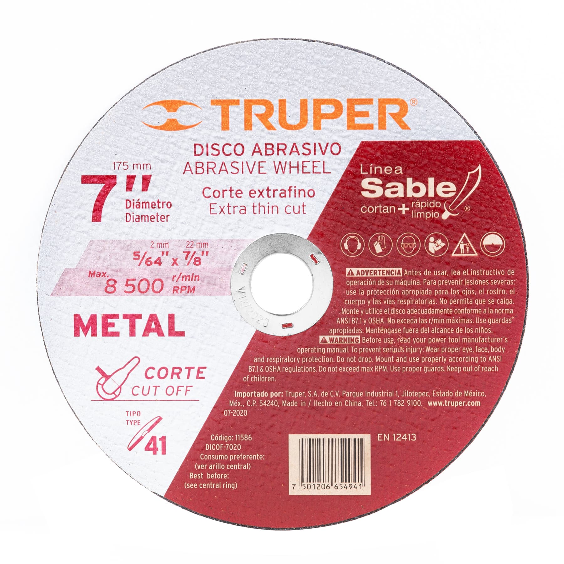 Disco Tipo 41 para corte fino de metal Línea Sable 7"