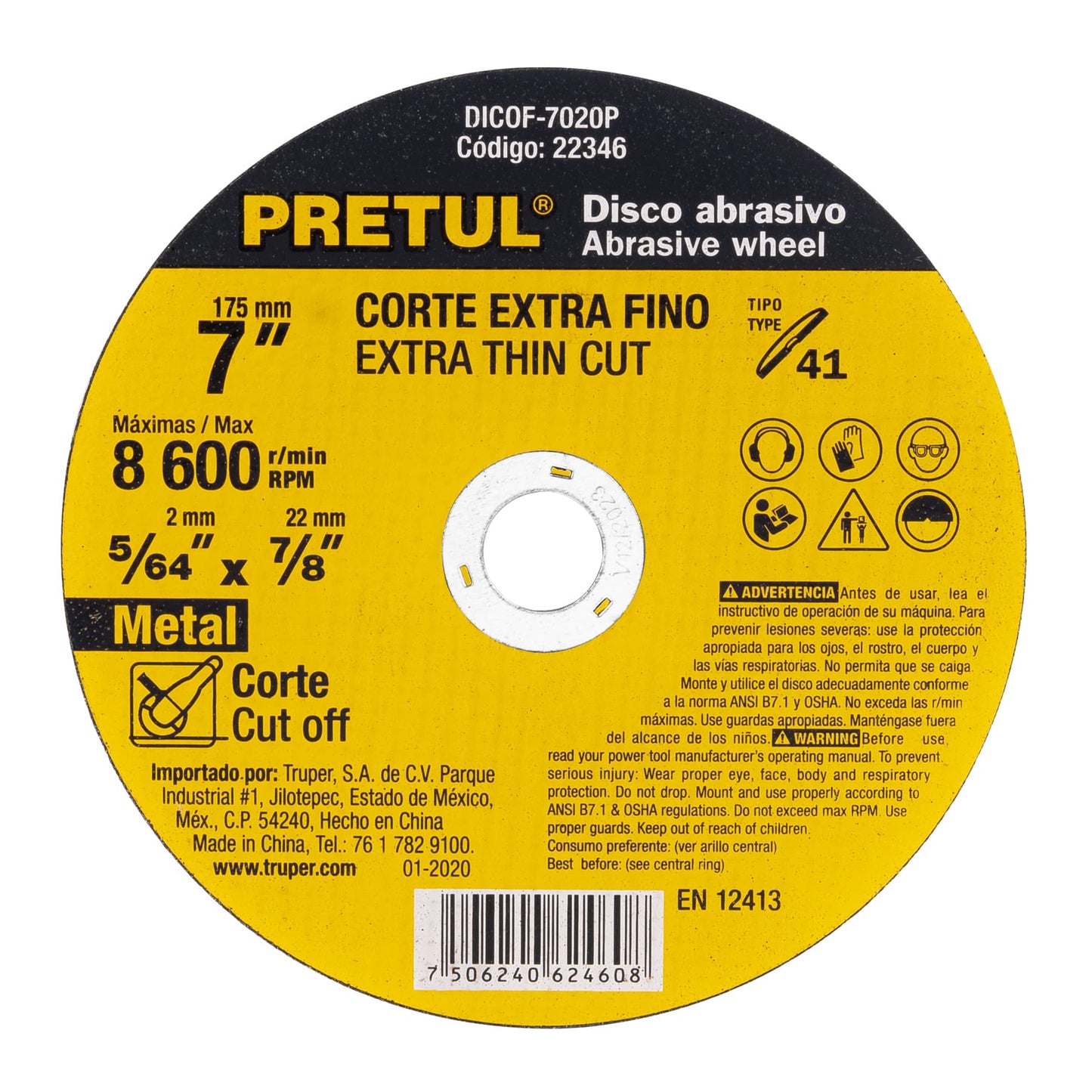 Disco Tipo 41 para corte fino de metal 7", 1.8 mm Pretul