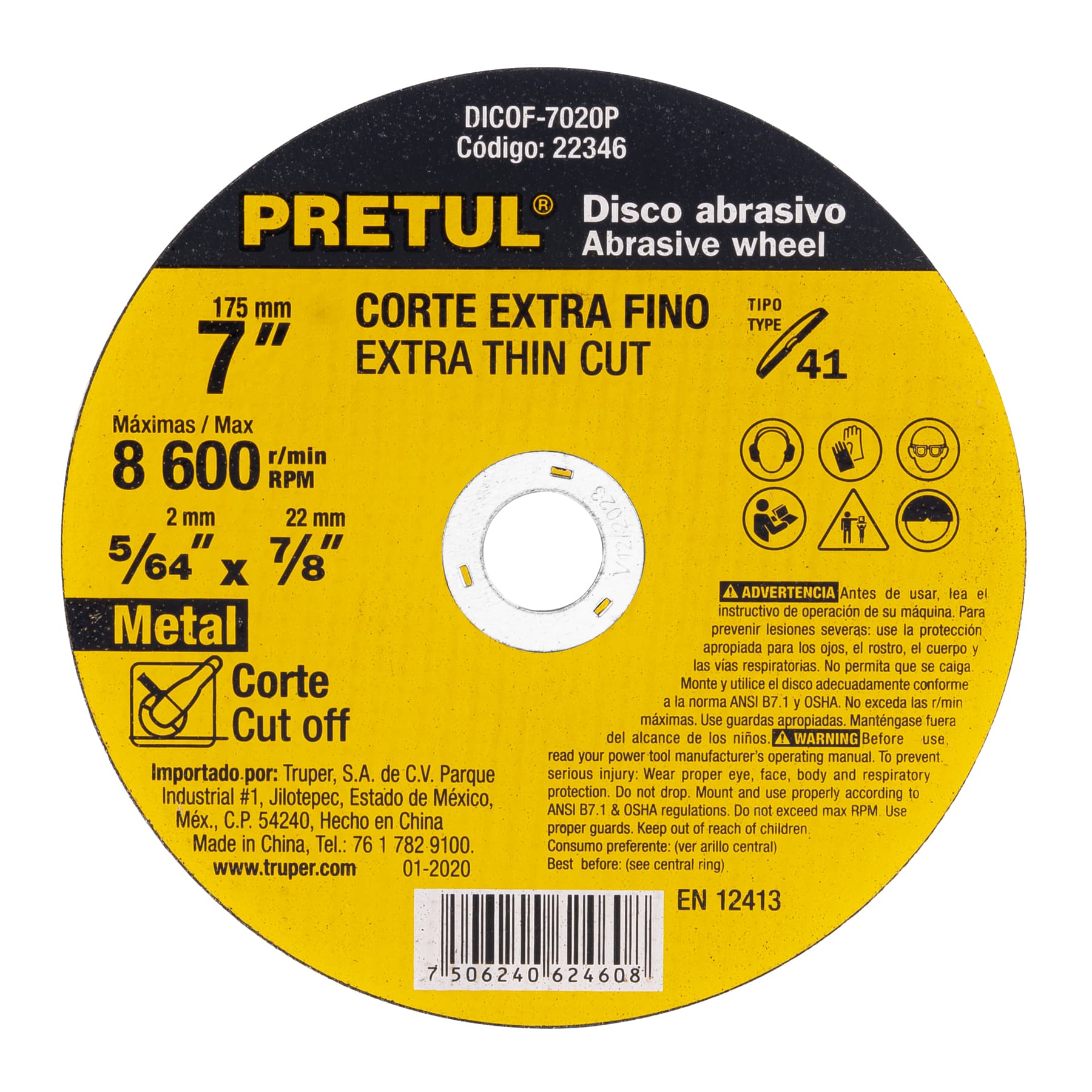 Disco Tipo 41 para corte fino de metal 7", 1.8 mm Pretul