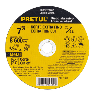 Disco Tipo 41 para corte fino de metal 7", 1.8 mm Pretul