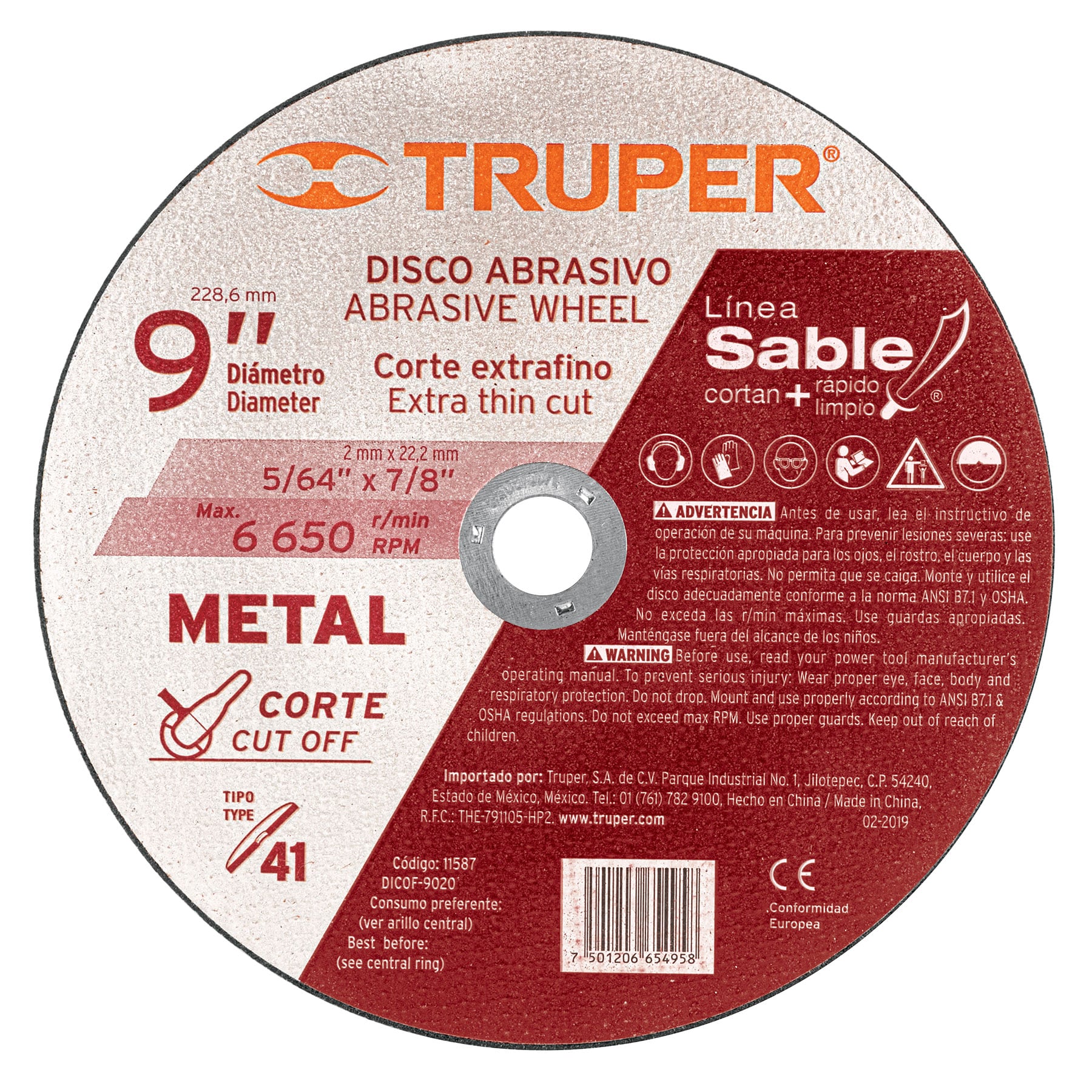 Disco Tipo 41 para corte fino de metal Línea Sable 9", 2mm