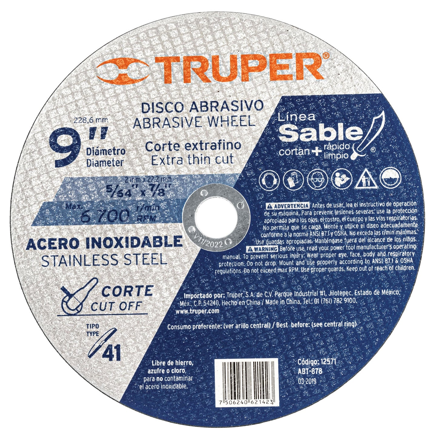 Disco p/corte acero inox., T41, diámetro 9", alto rendimient