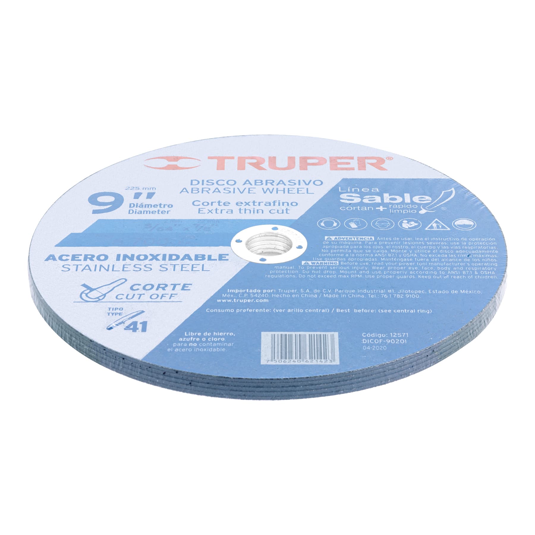 Disco p/corte acero inox., T41, diámetro 9", alto rendimient