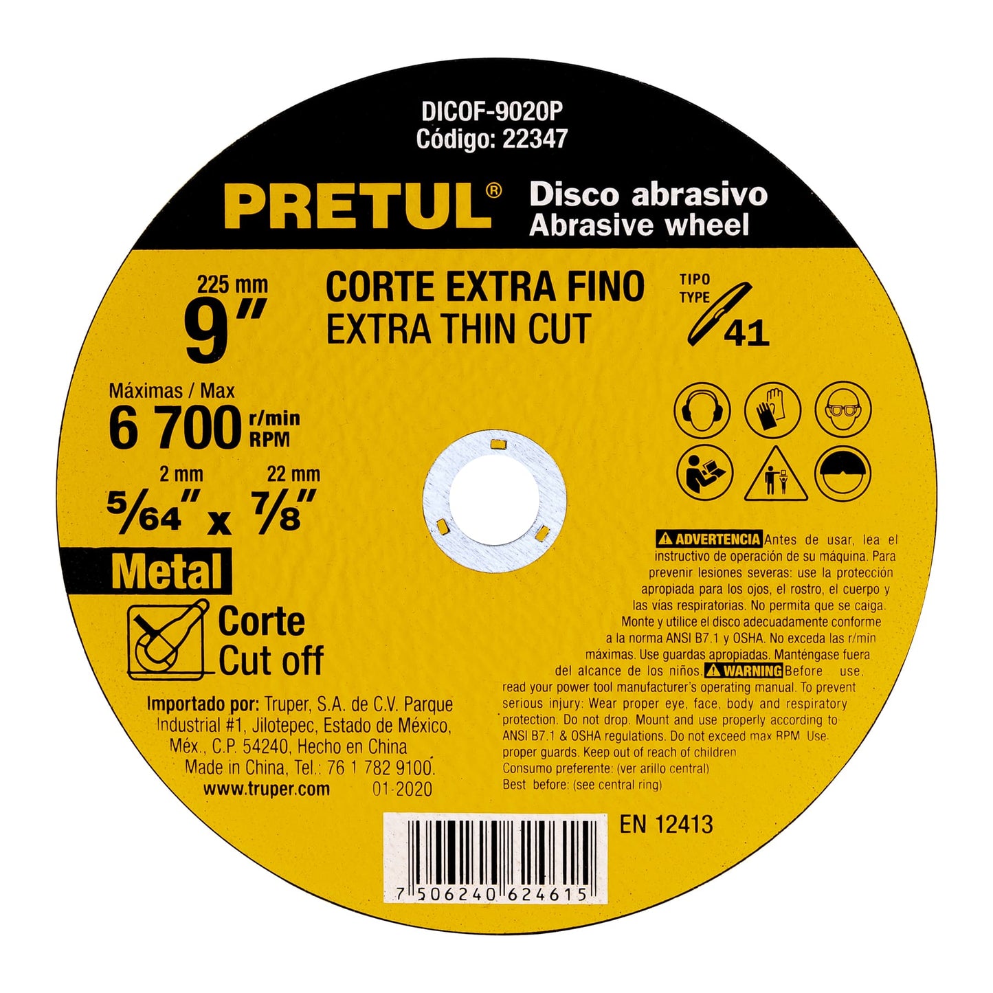 Disco Tipo 41 para corte fino de metal 9", 2 mm Pretul