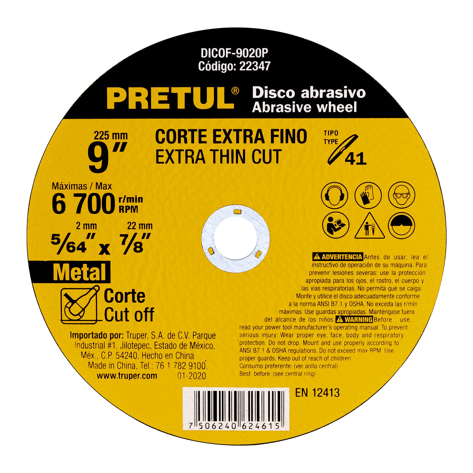 Disco Tipo 41 para corte fino de metal 9", 2 mm Pretul