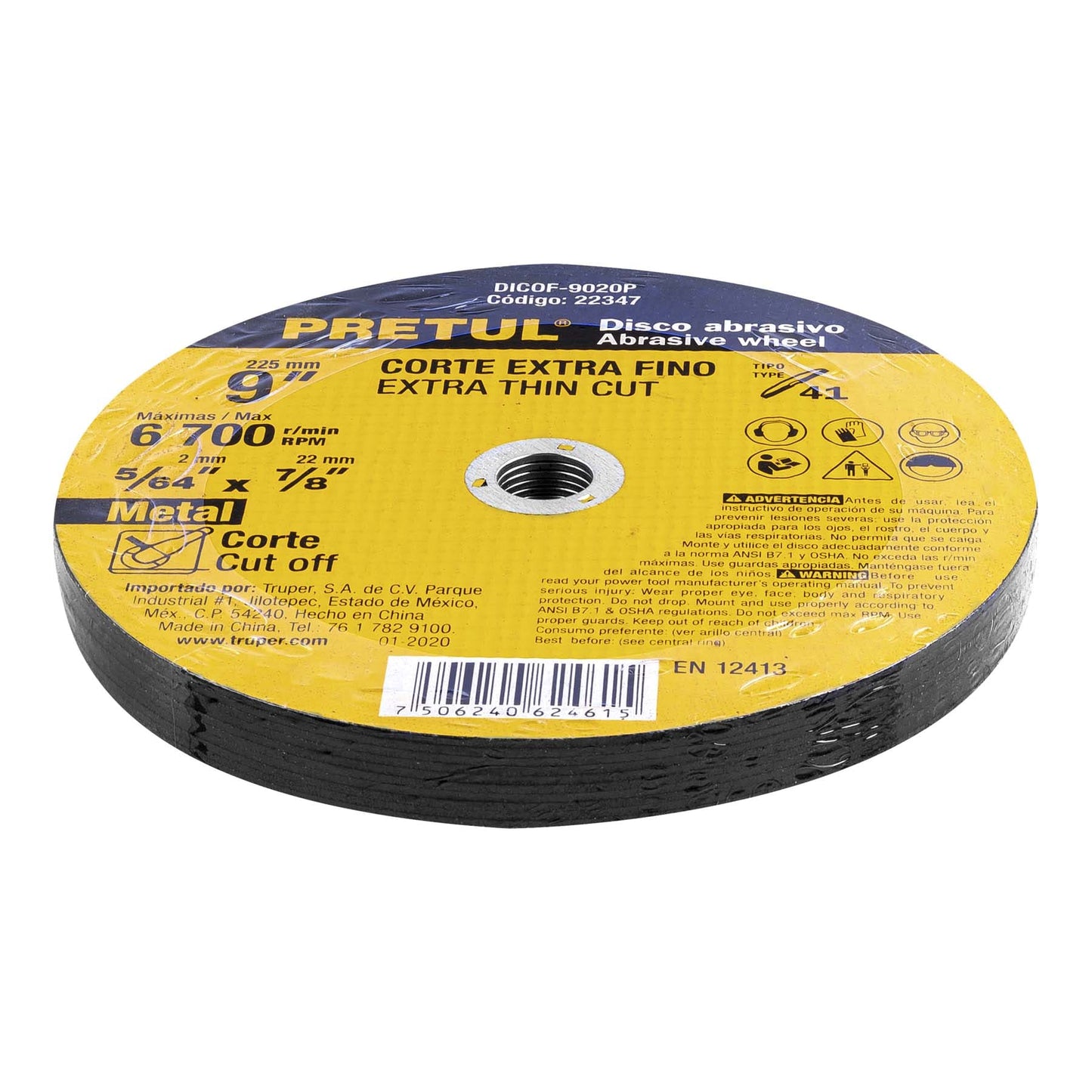 Disco Tipo 41 para corte fino de metal 9", 2 mm Pretul