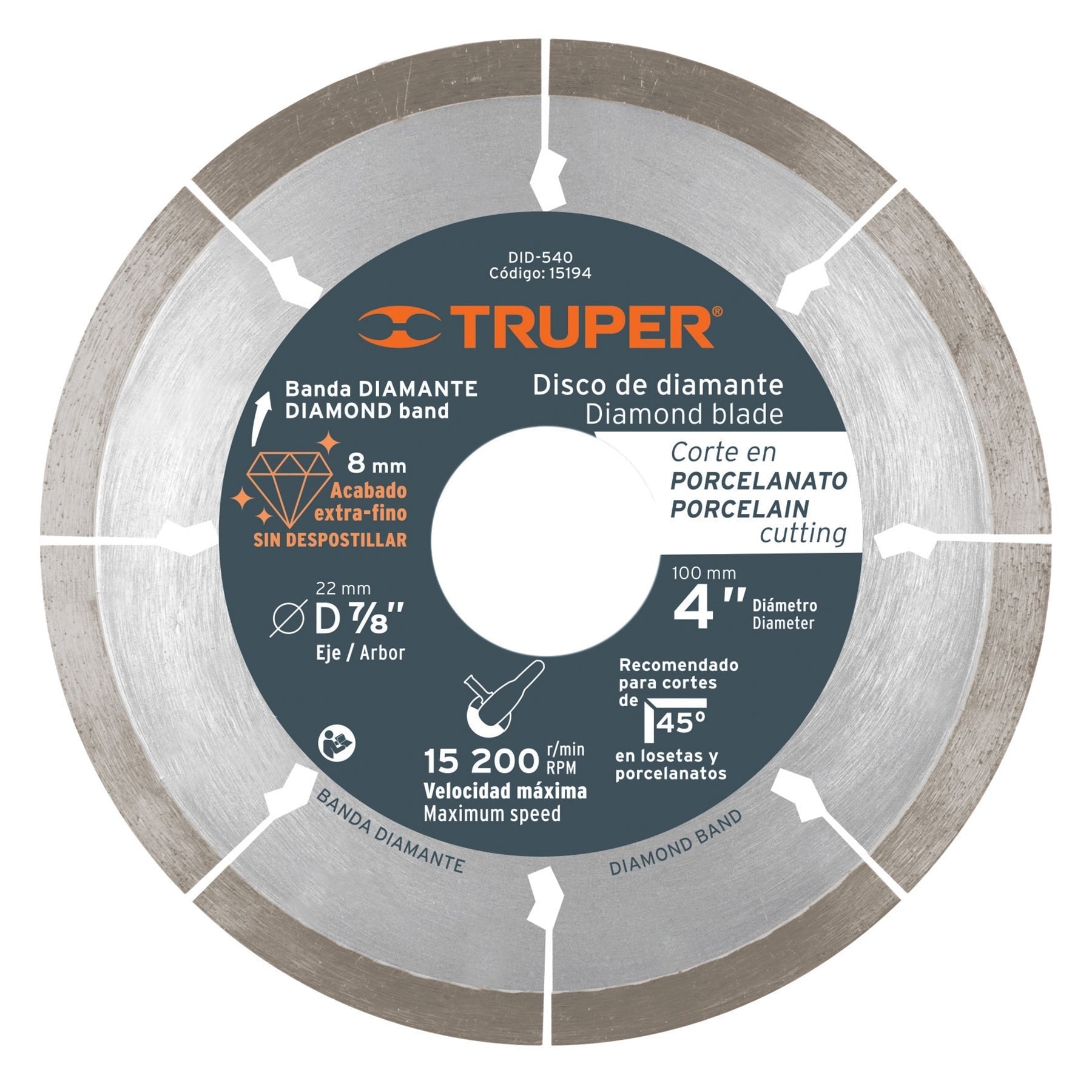 Disco de diamante, rin continuo, 4" para corte porcelanato