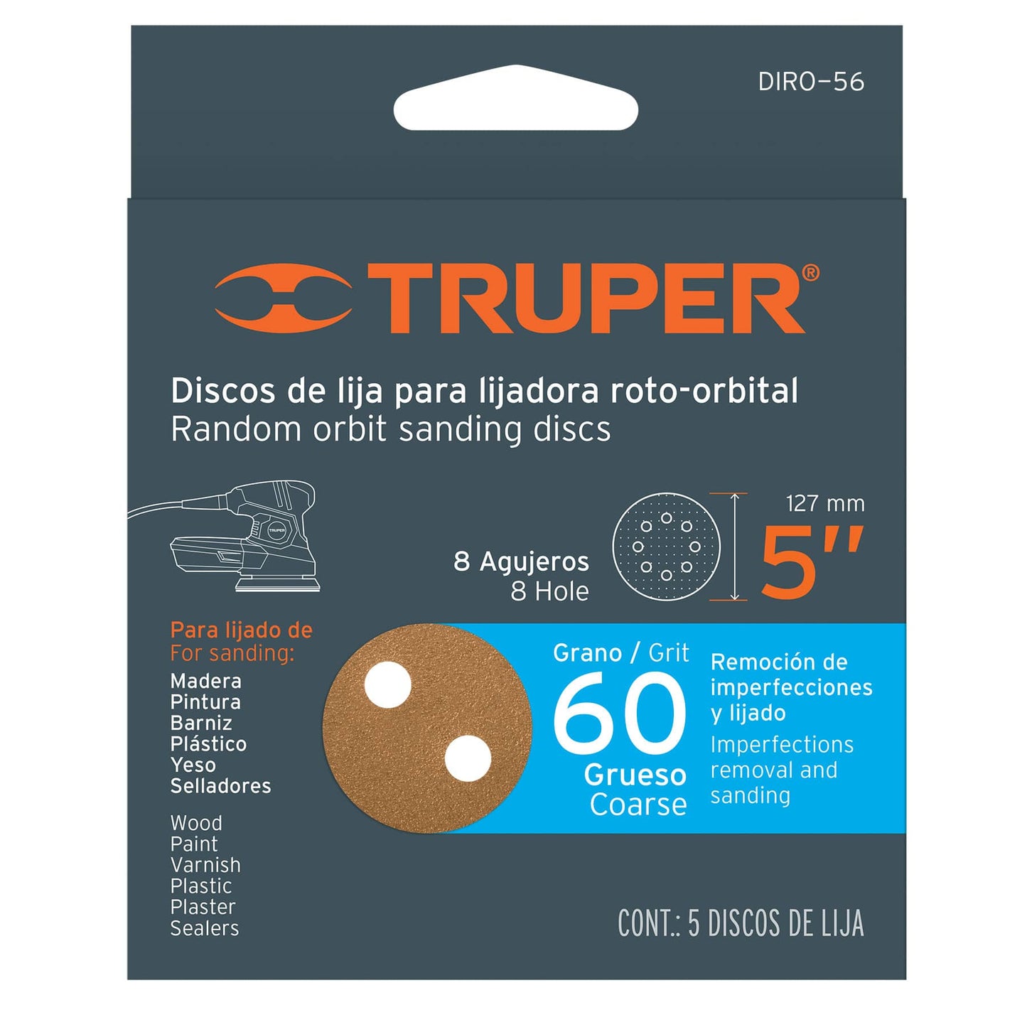 Discos de lija roto orbital 5", grano 60, 8 orificios, 5pzas