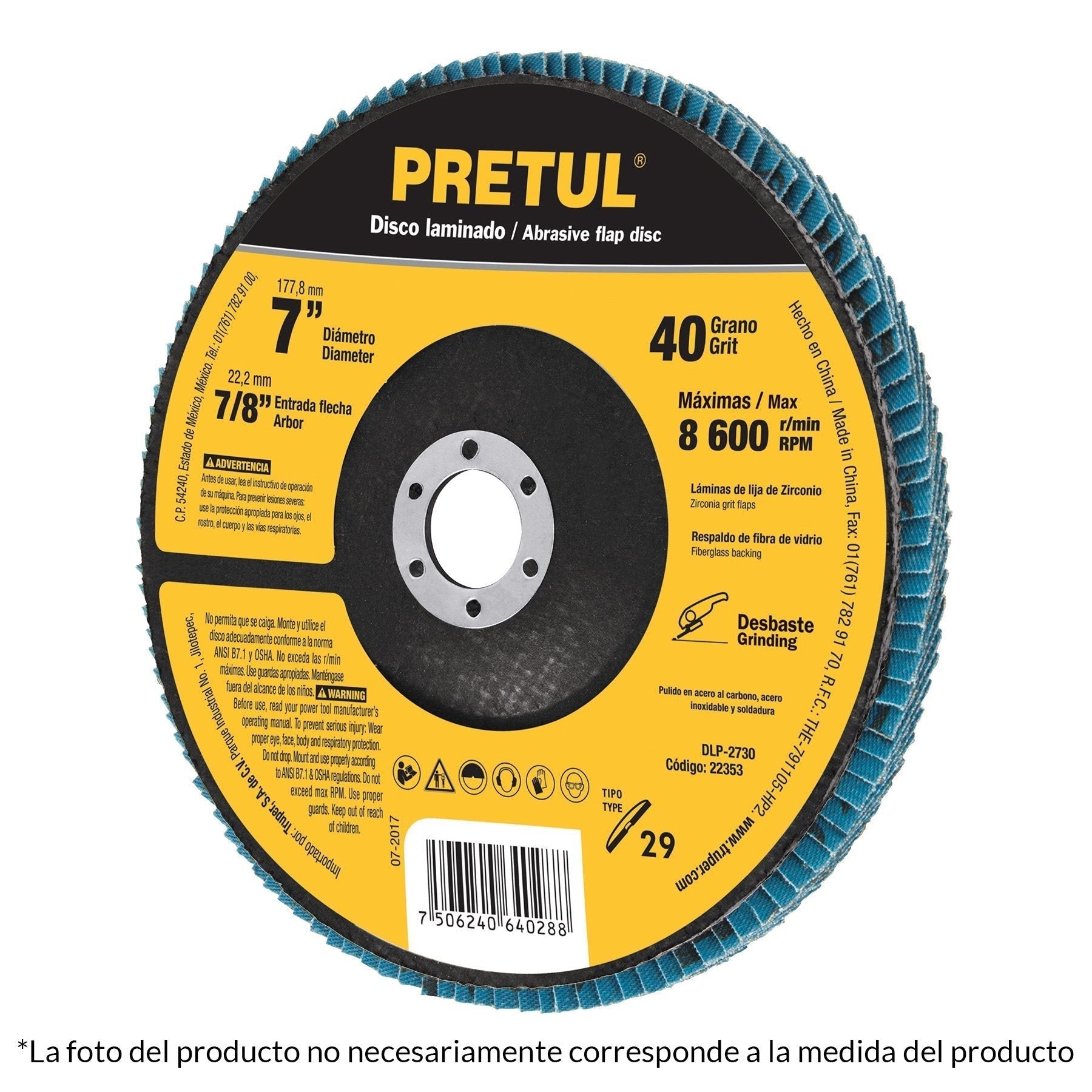 Disco laminado, 7", grano 40, centro 7/8", Pretul