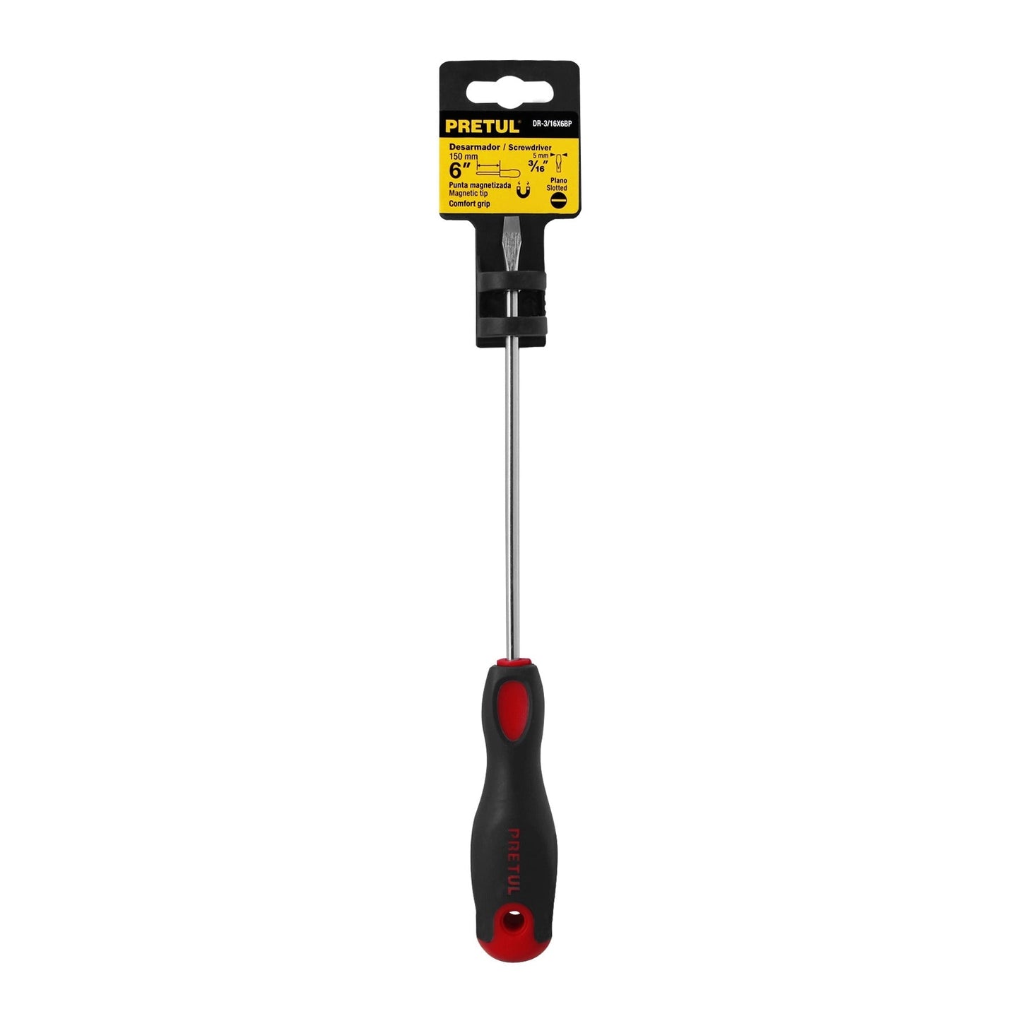 Desarmador plano, 3/16x6", mgo comfort grip, pretul