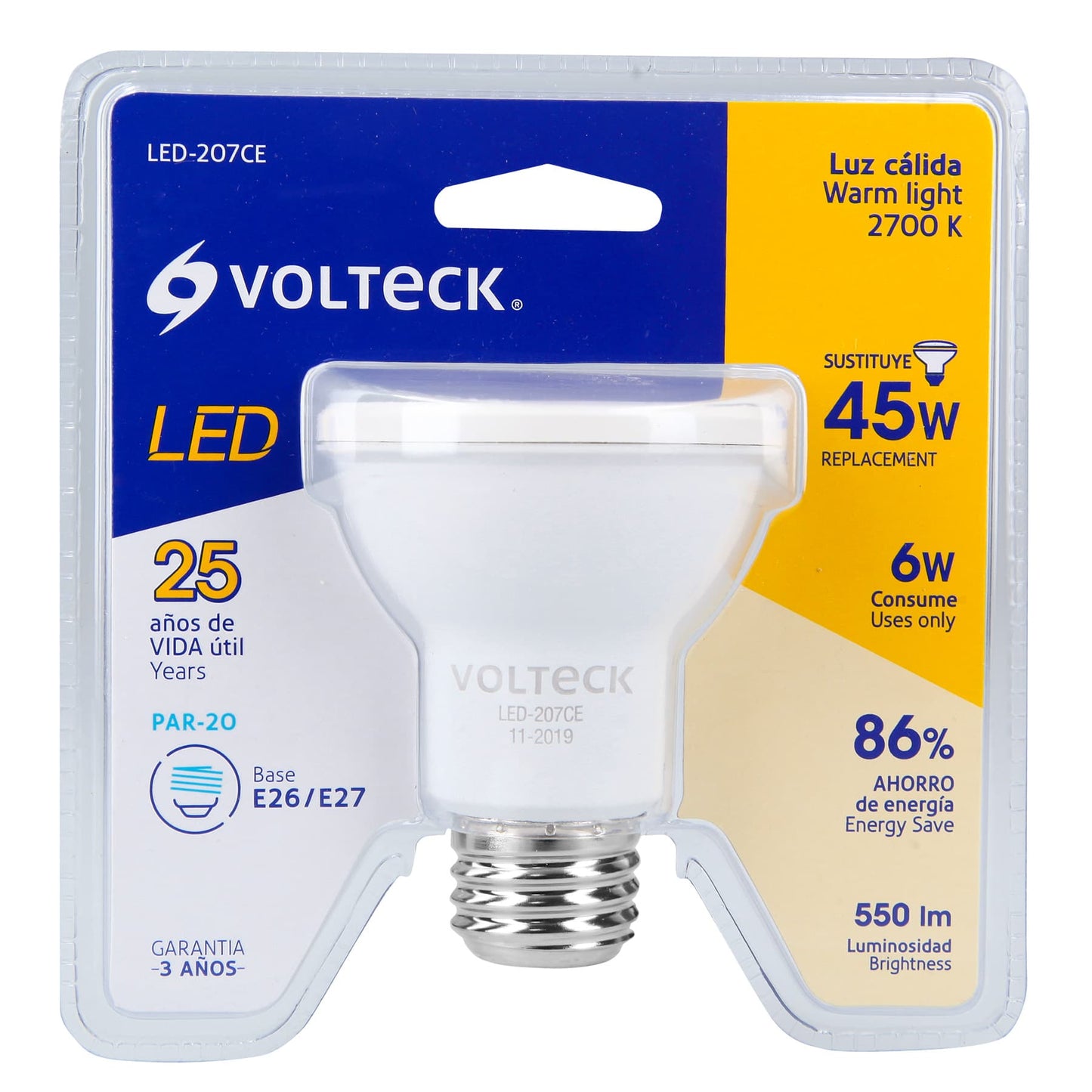 Lámpara de LED, PAR 20, 7 W, luz cálida