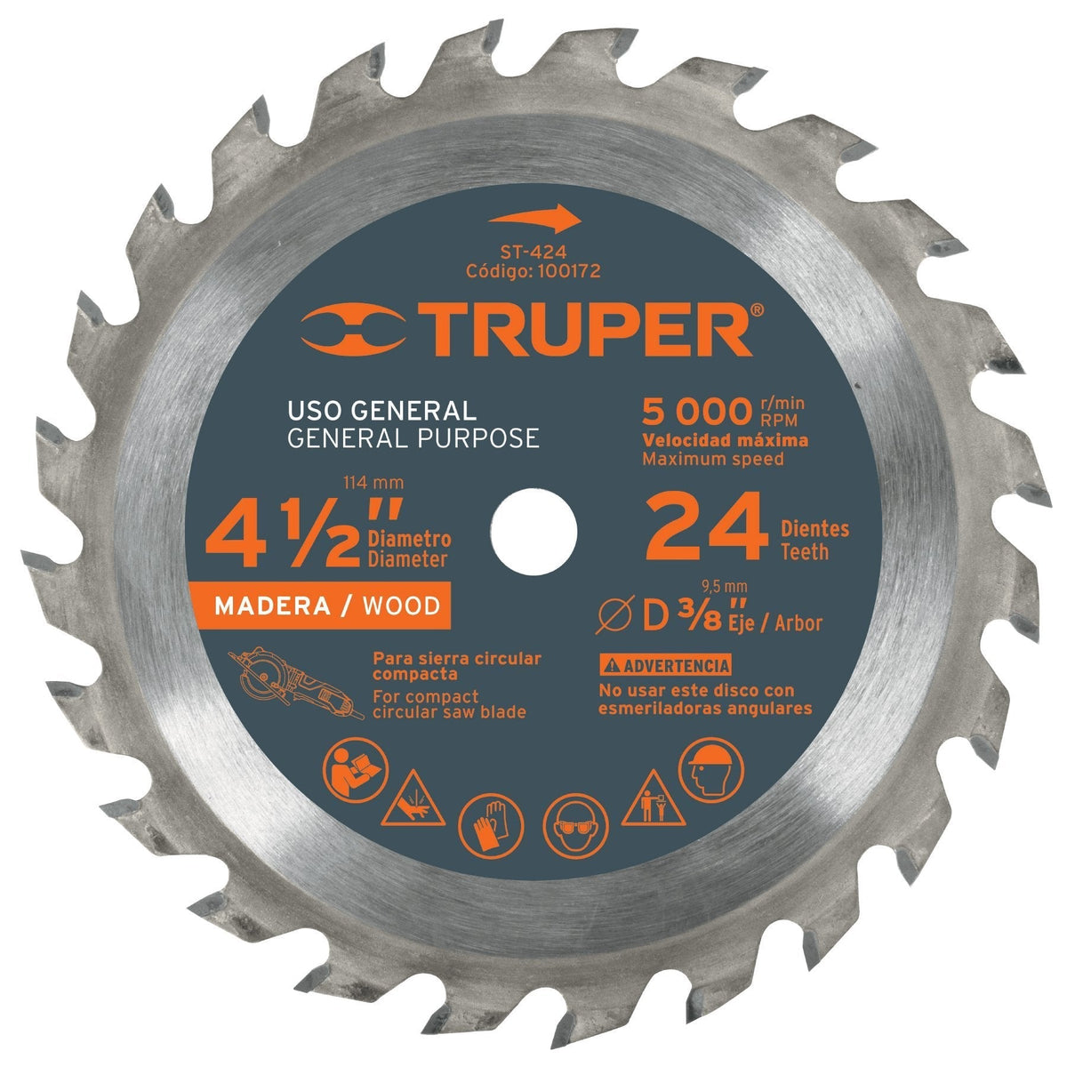Disco sierra p/madera 4-1/2", 24 dientes, centro 3/8"