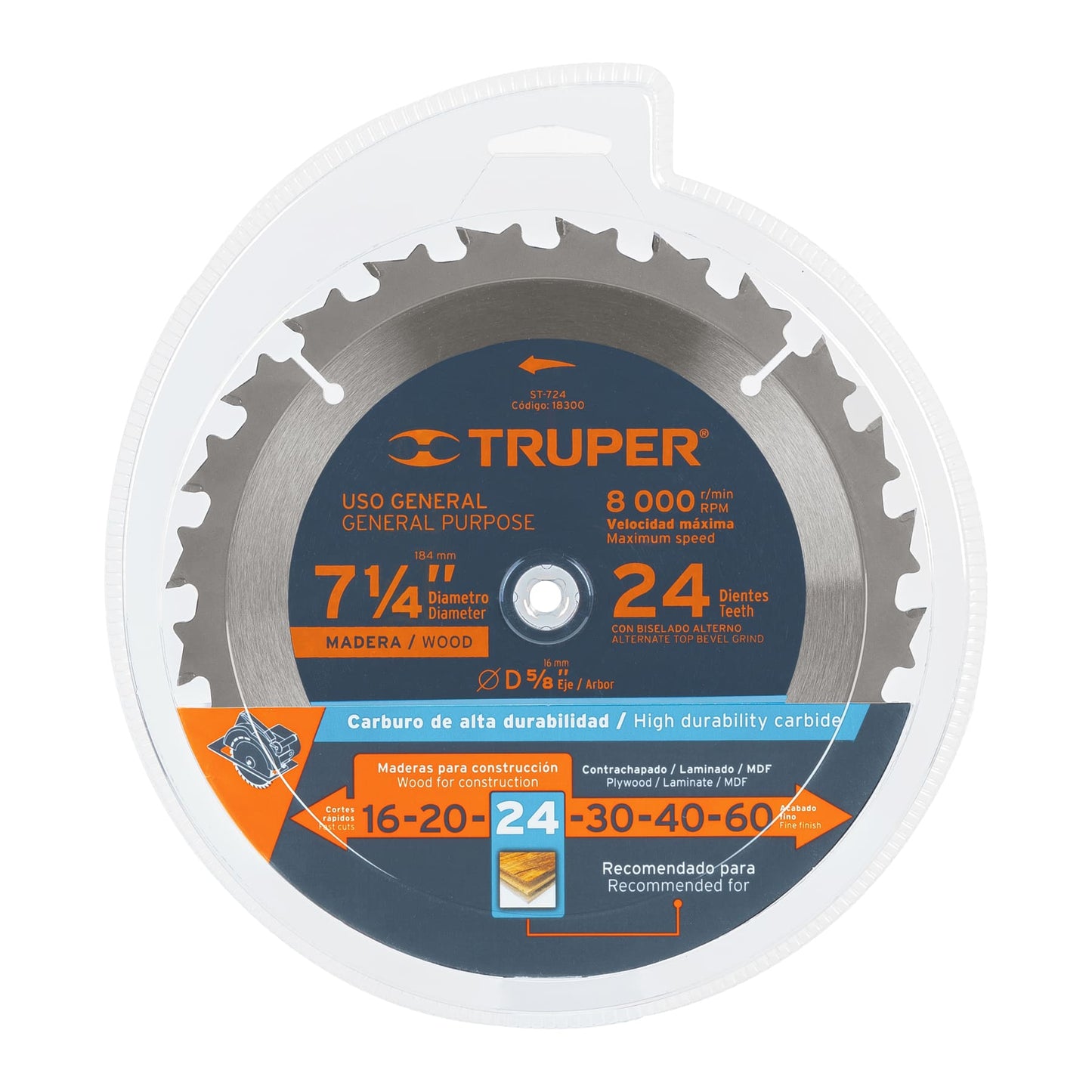 Disco sierra p/madera 7-1/4", 24 dientes, centro 5/8"