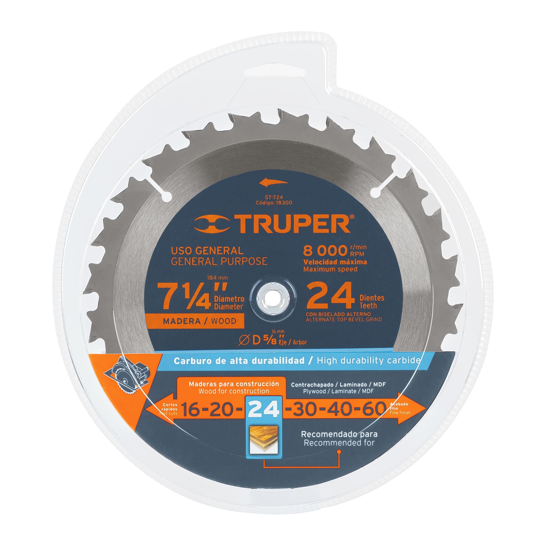 Disco sierra p/madera 7-1/4", 24 dientes, centro 5/8"