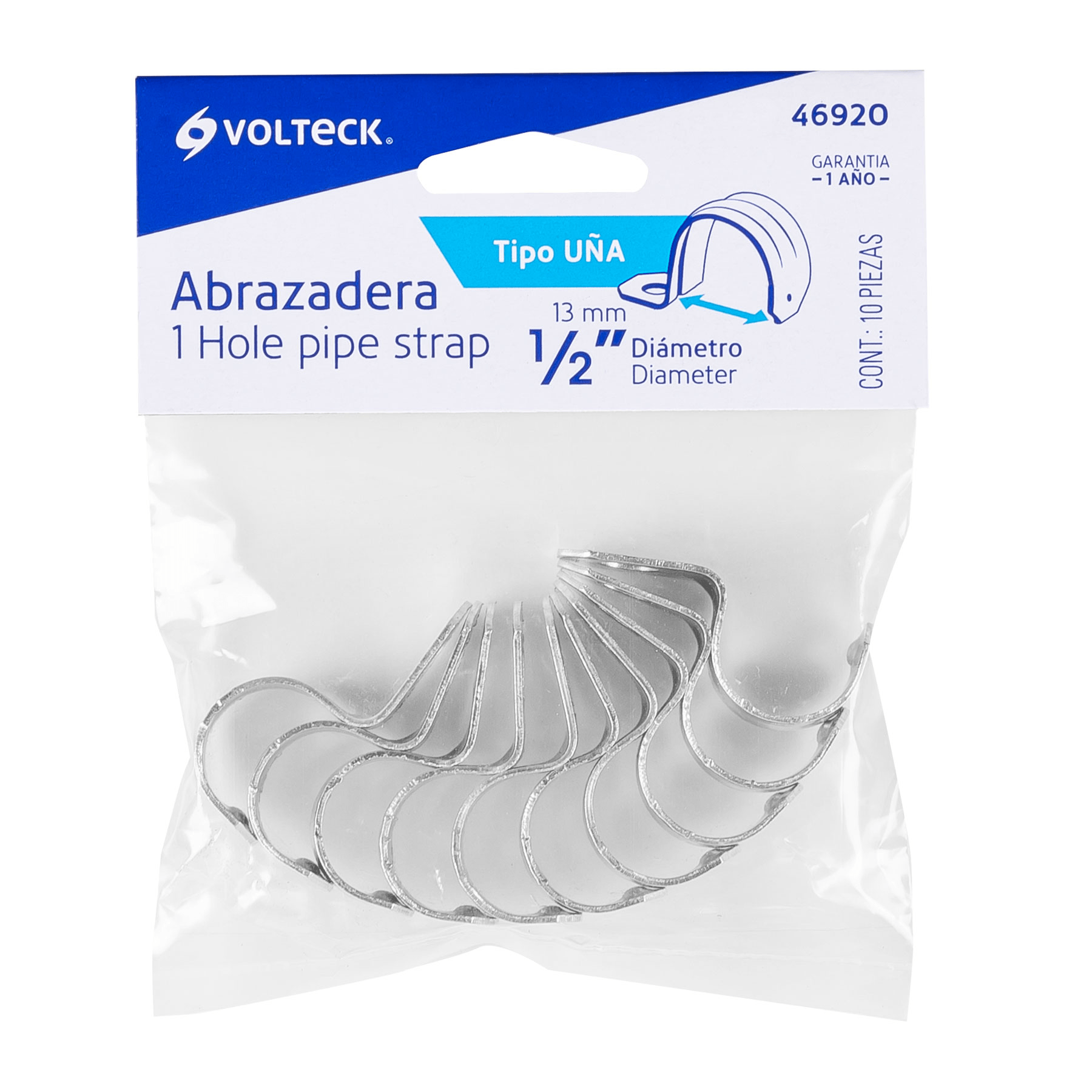 Abrazadera de tubo tipo uña 1/2", bolsa con 10 pzas, Volteck