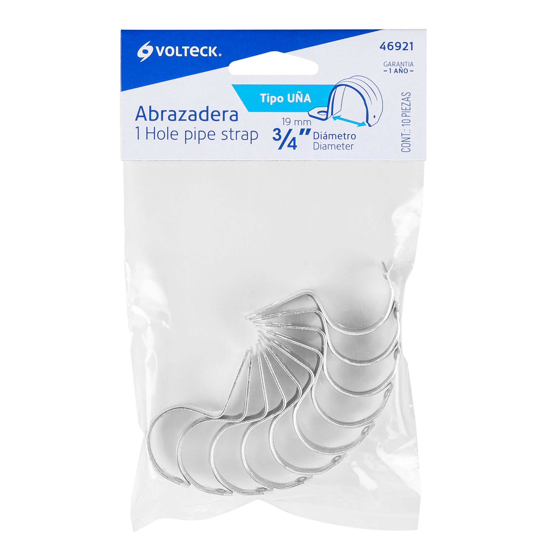 Abrazadera de tubo tipo uña 3/4",bolsa con 10 pzas , Volteck