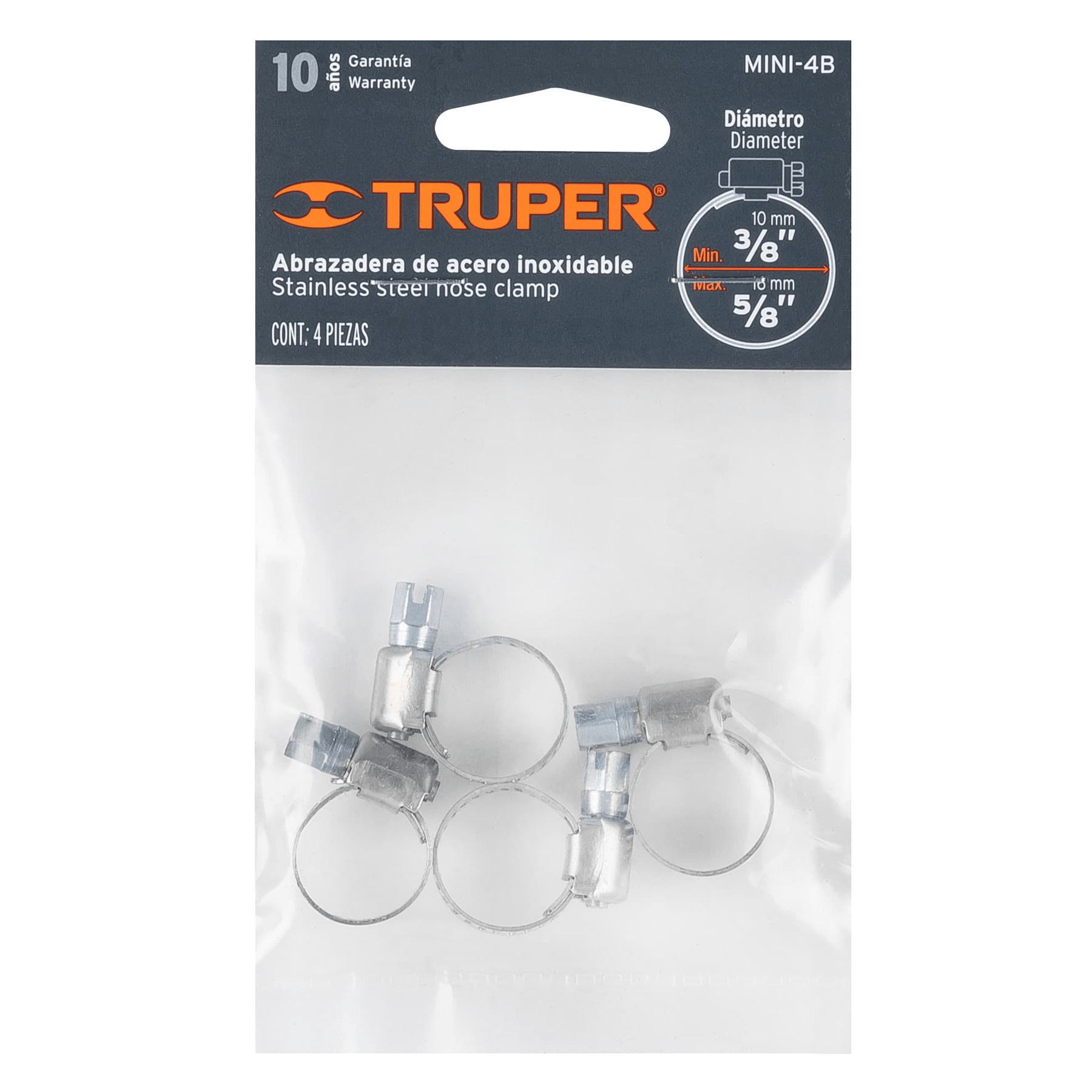 Abrazadera mini-4 de acero inoxidable, bolsa con 4 pzas