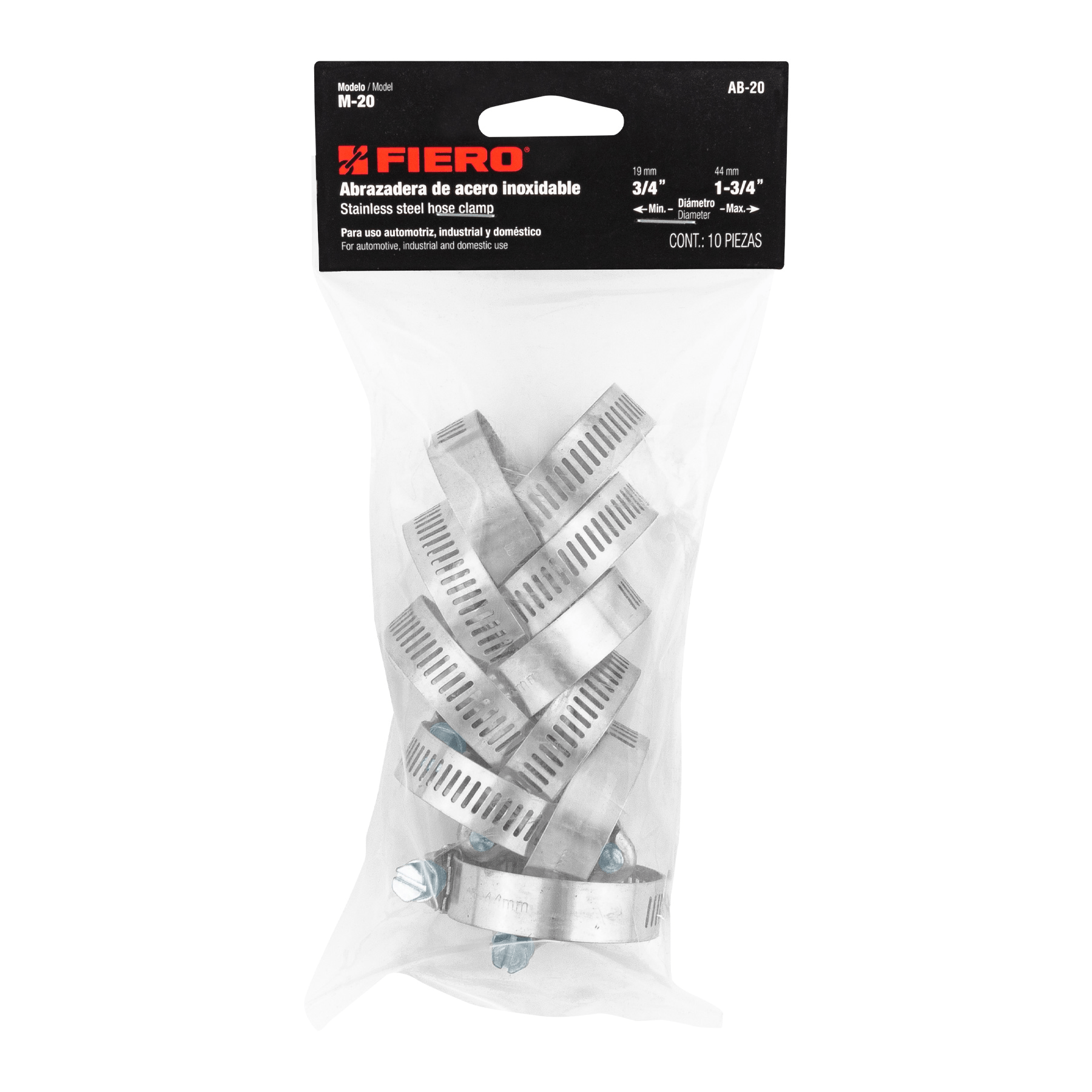 Abrazadera reforzada, # 20, 3/4 - 1-3/4" , bolsa 10 pzas