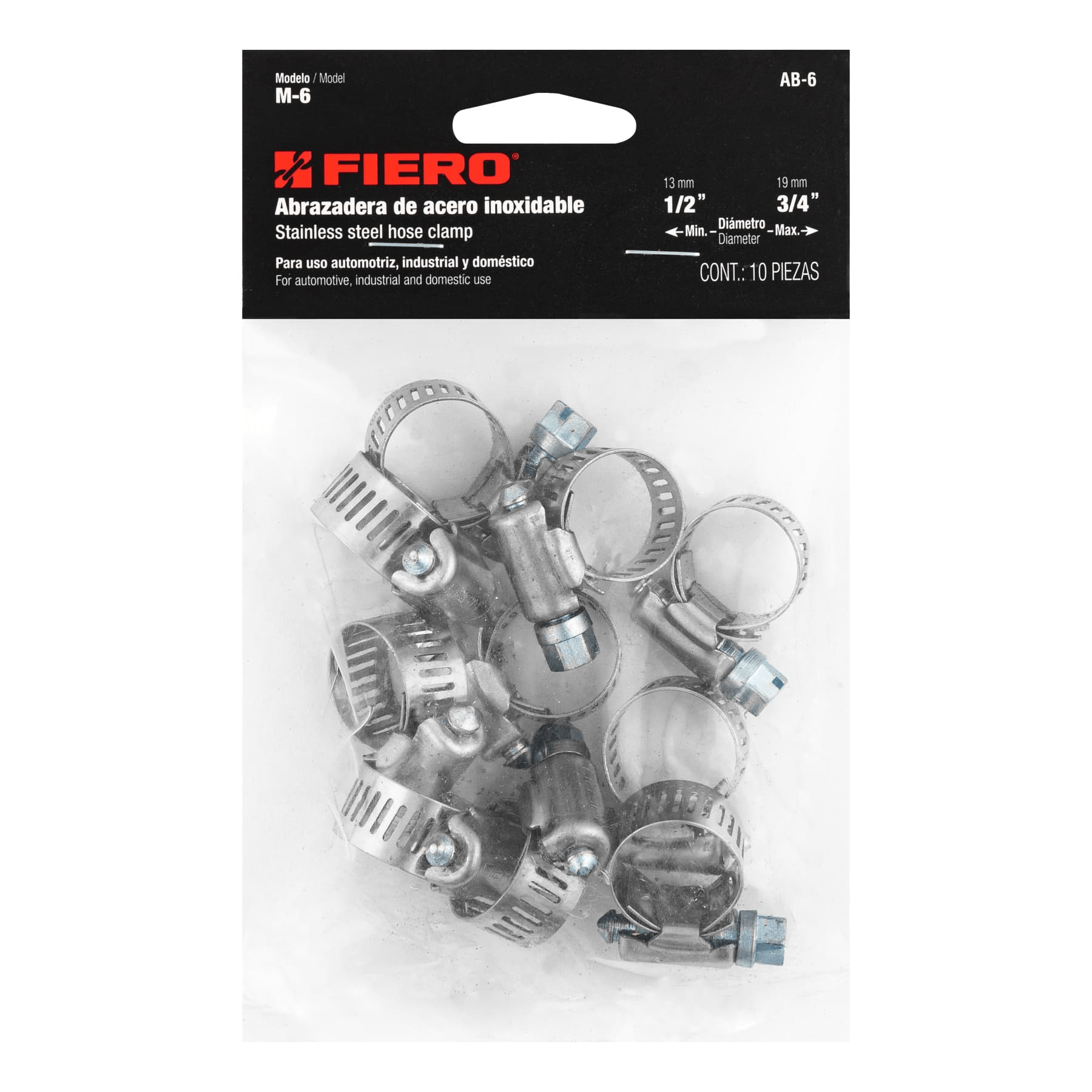 Abrazadera reforzada, # 6, 1/2 - 3/4", bolsa 10 pzas