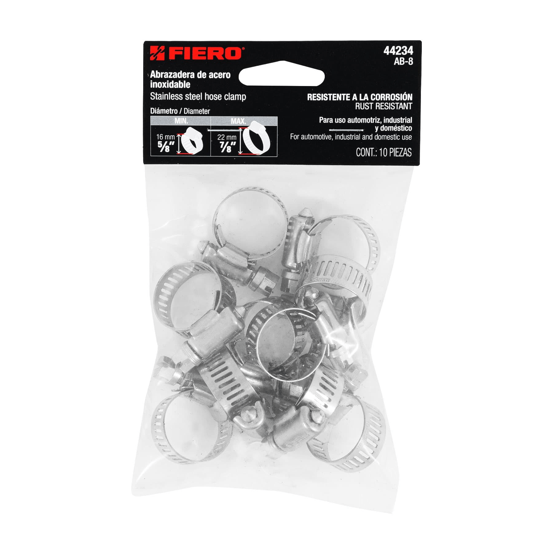 Abrazadera reforzada, # 8, 5/8 - 7/8", bolsa 10 pzas