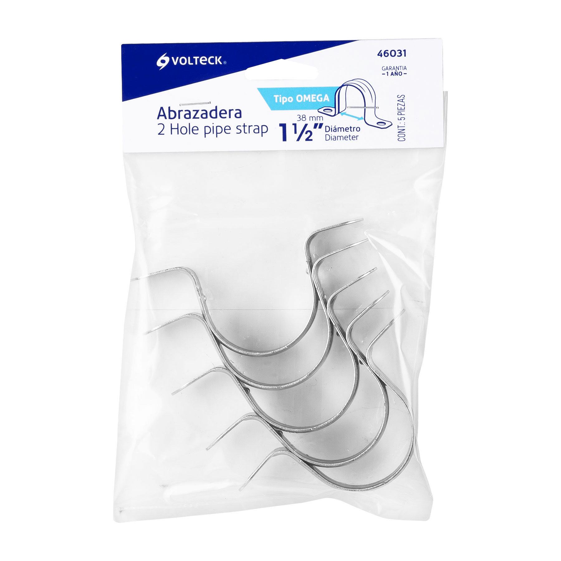 Abrazadera tubo tipo omega 1-1/2", bolsa con 5 pzas, Volteck