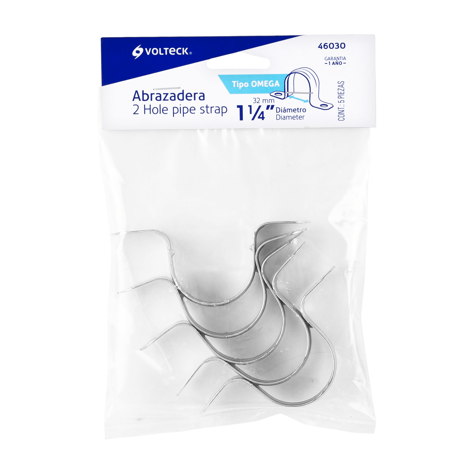 Abrazadera tubo tipo omega 1-1/4", bolsa con 5 pzas, Volteck