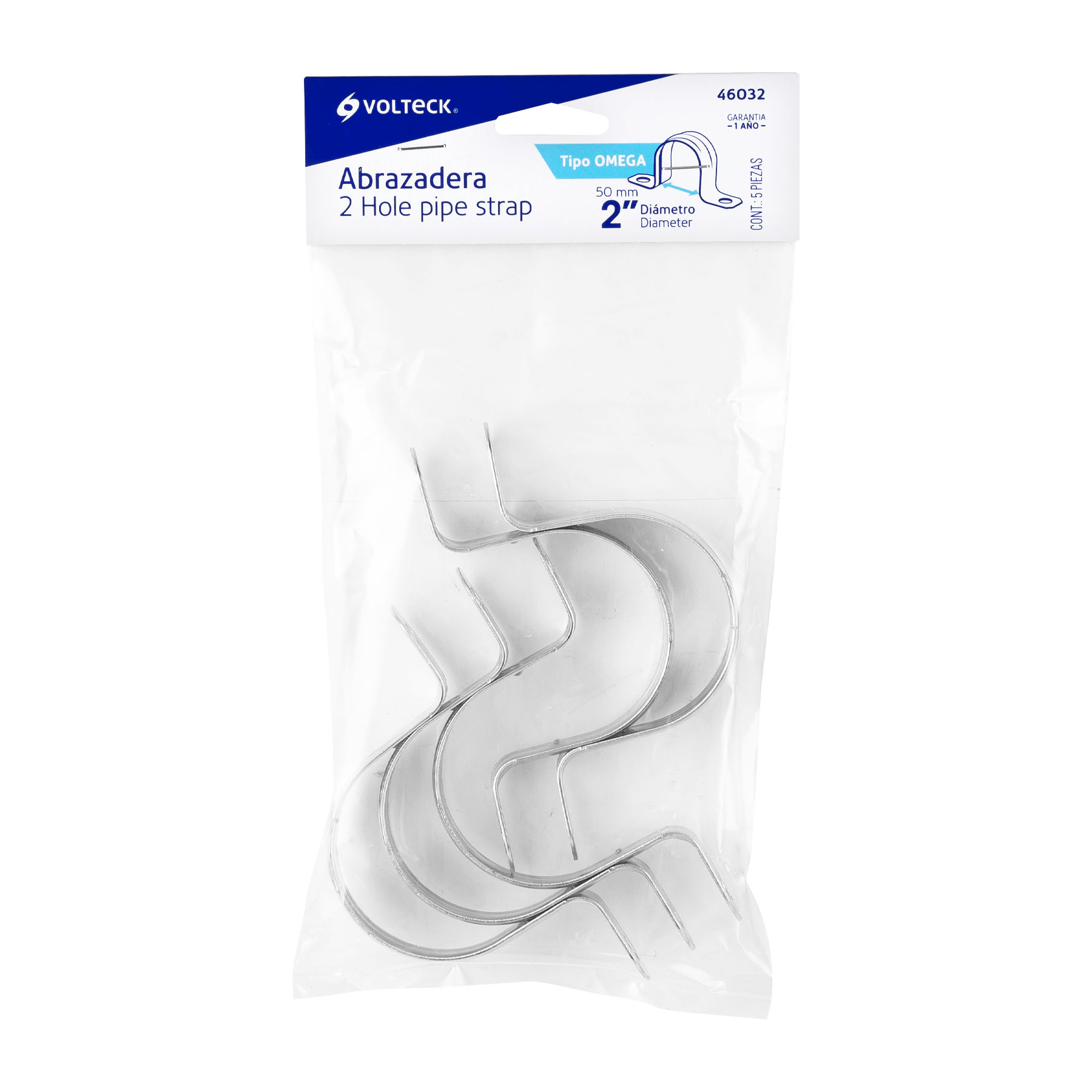 Abrazadera tubo tipo omega 2", bolsa con 5 pzas, Volteck
