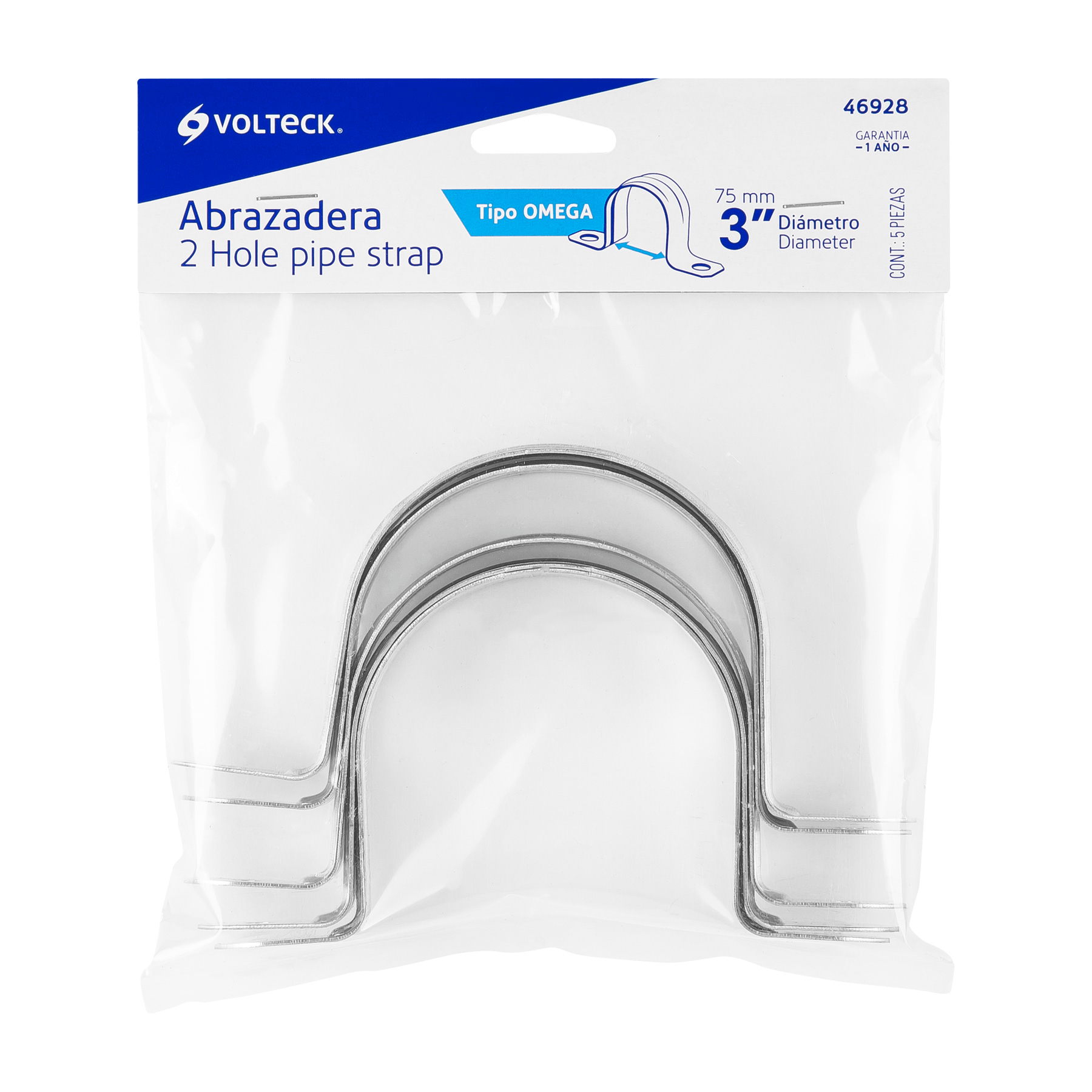 Abrazadera tubo tipo omega 3", bolsa con 5 pzas, Volteck
