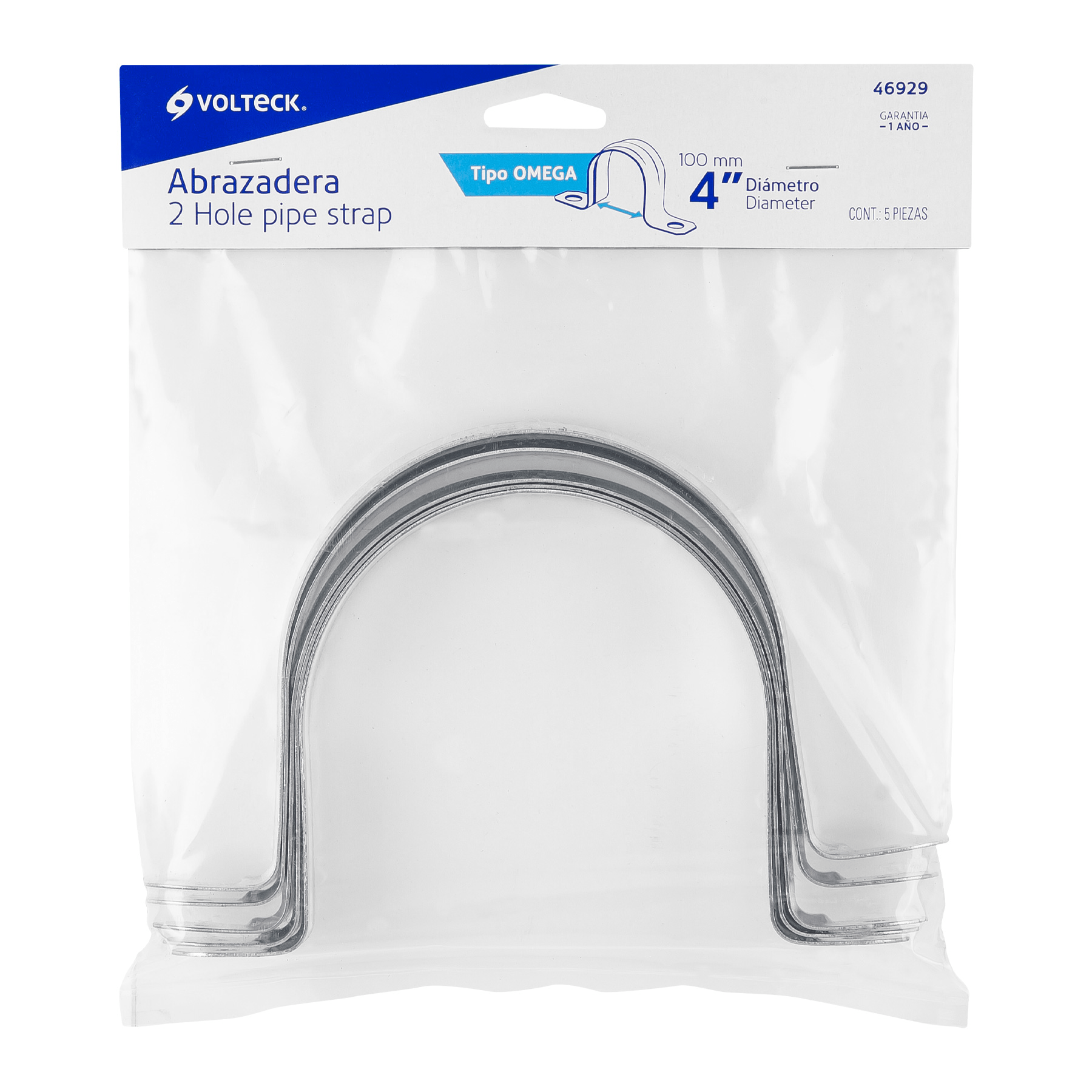 Abrazadera tubo tipo omega 4", bolsa con 5 pzas, Volteck