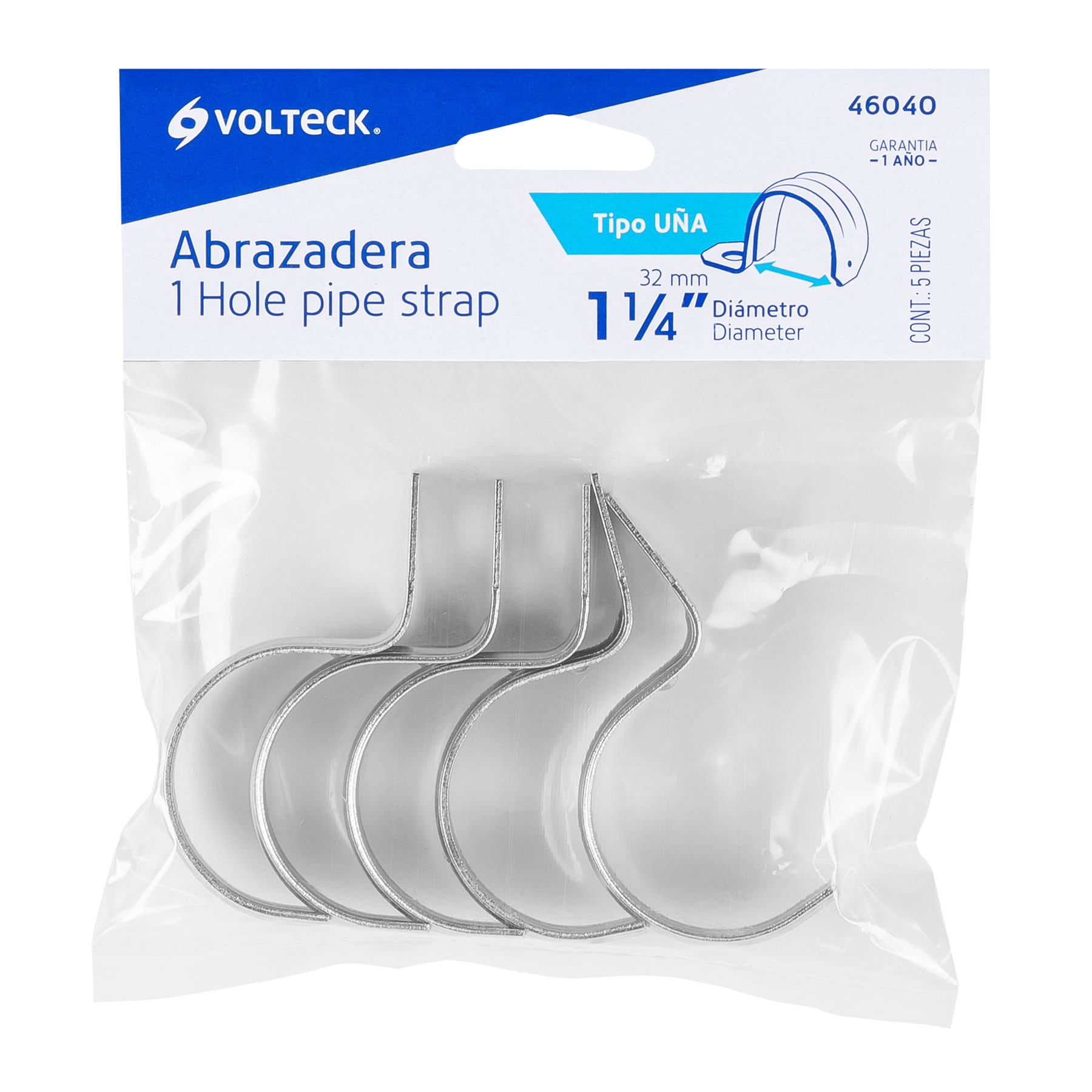 Abrazadera tubo tipo uña 1-1/4", bolsa con 5 pzas, Volteck